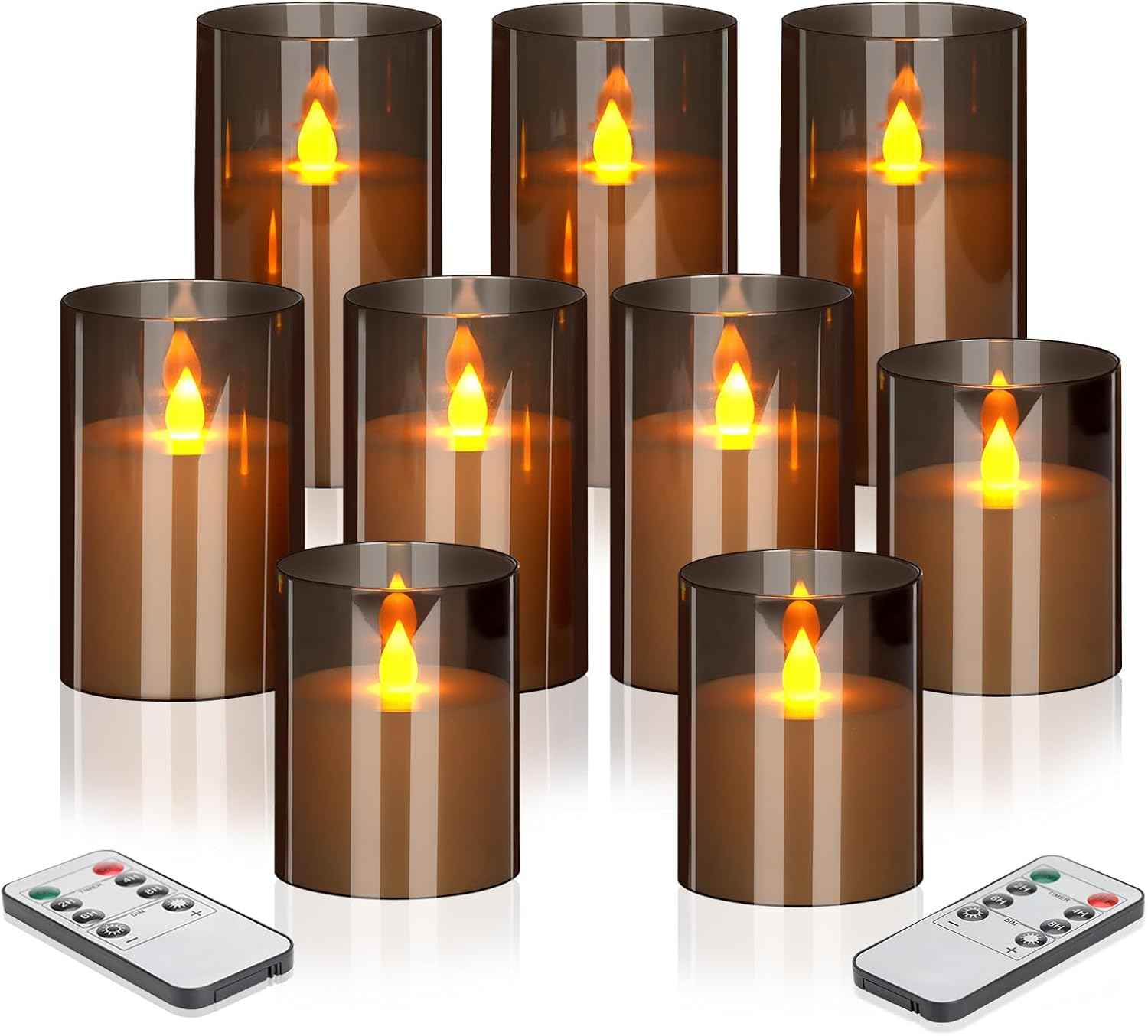 Flameless Candles 4" 5" 6" Set of 3 Acrylic Glass Pillars 3" Diameter Battery Operated Flickering Candles Include 10-Key Remote with Timer Function 400+ Hours (Gray, Warm Light 3 Pack)