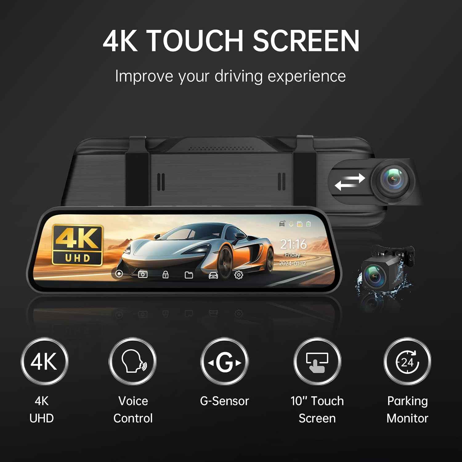 Veement 4K Rear View Mirror Camera, 10'' 4K Mirror Dash Cam with 1080P Backup Camera, Dash Cam Front and Rear for Car with Voice Control, 24H Parking Mode, Night Vision, 32GB SD Card Included