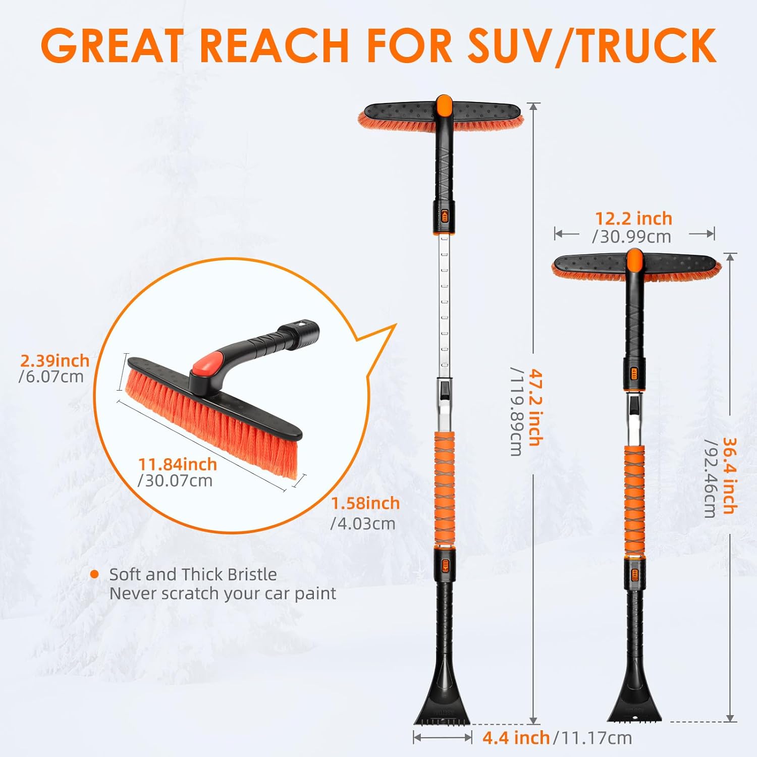 astroai 47.2 inch ice scraper with extendable snow brush and 360° pivoting head for cars and trucks (orange)