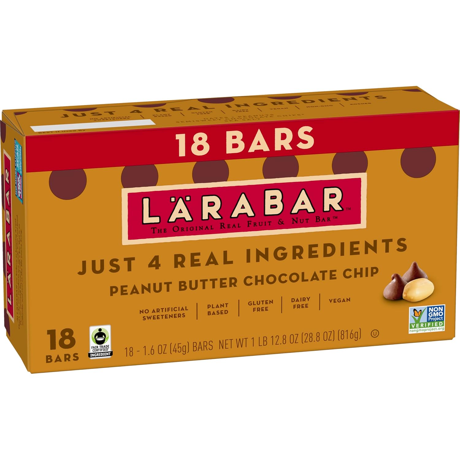 larabar peanut butter chocolate chip bars, 28.8 oz, 18 ct, gluten free, vegan