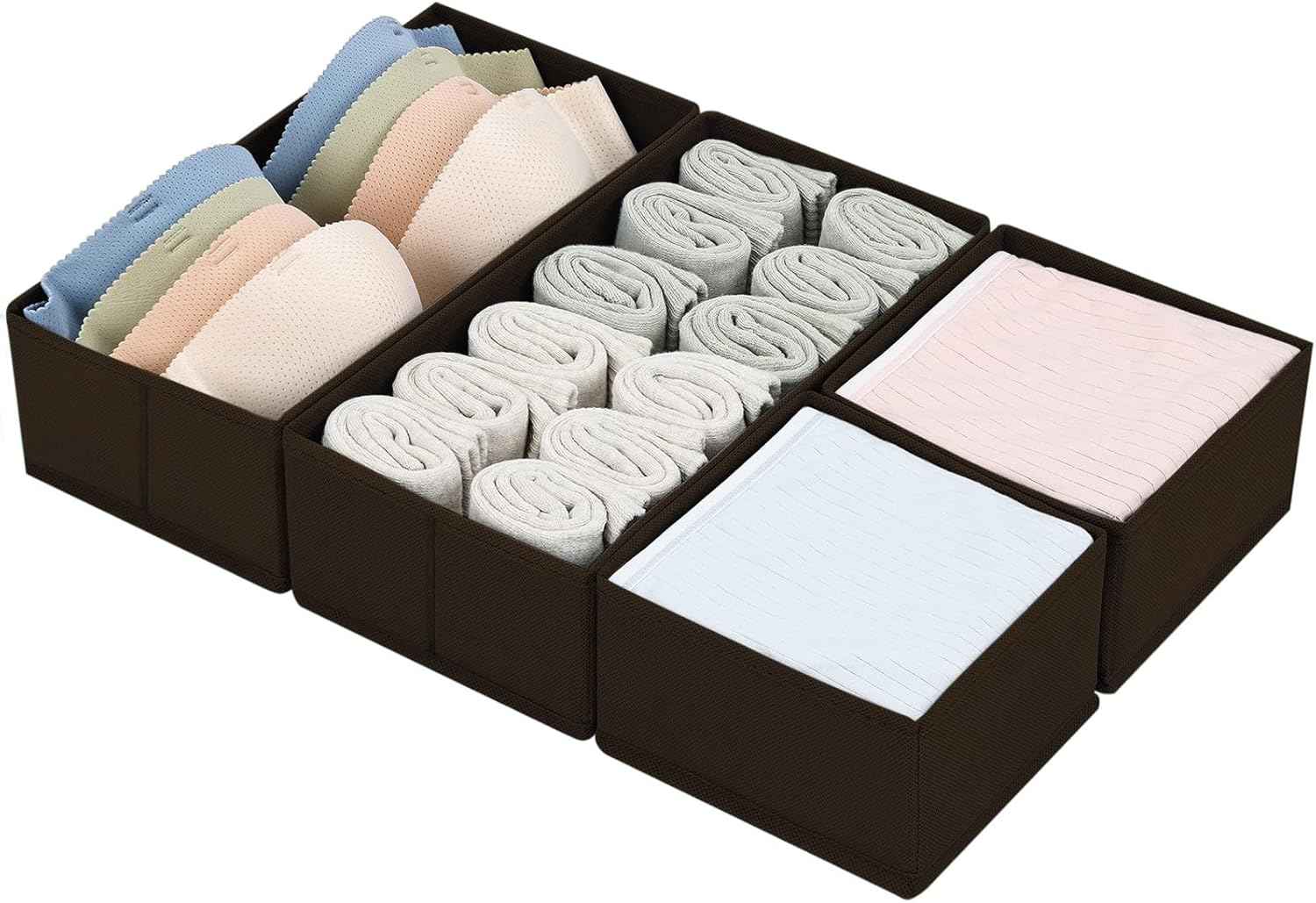 DIMJ Drawer Organizers Clothes, Set of 4 Dresser Organizer Bins, Fabric Closet Organizers and Storage, Shallow Drawer Dividers for Nursery, Clothing, Baby Clothes, Socks, Underwears, Tie (Beige)