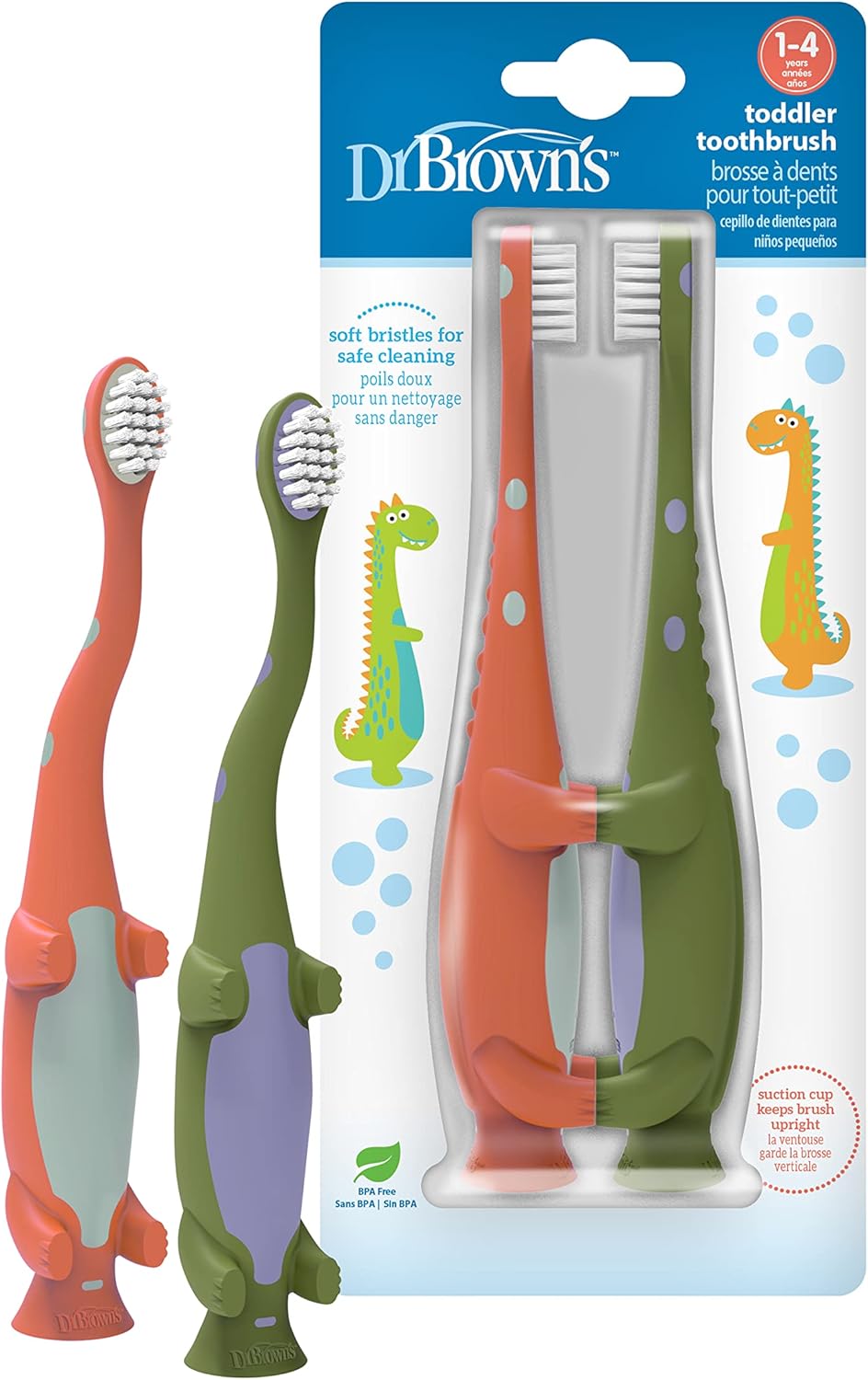 Dr Brown's Baby Toddler Toothbrush Green and Orange Dinosaur 2-Pack Ages 1-4 Years Soft Bristles Suction Cup Base