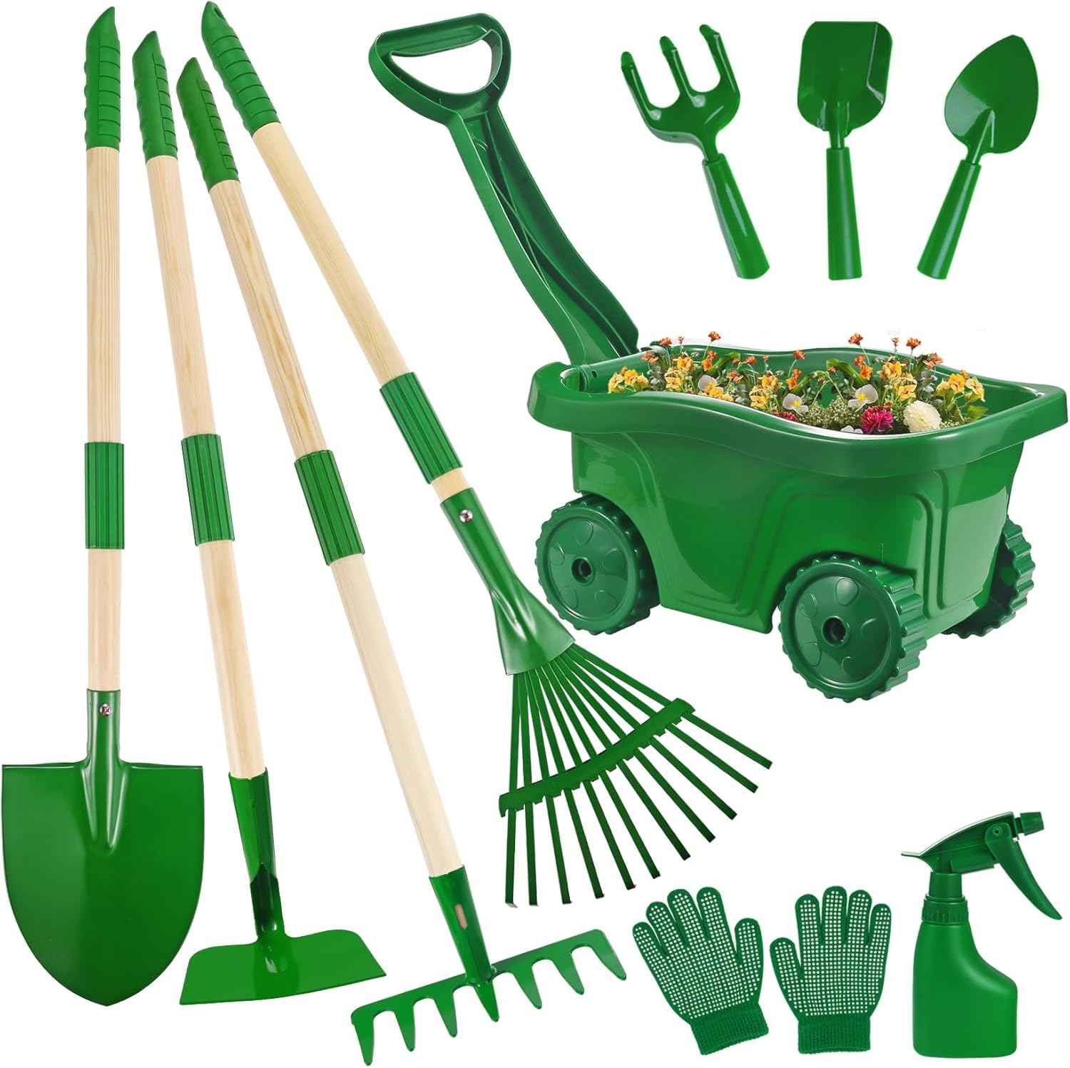 Duckura Kids Gardening Tools Set - 7pcs Wheelbarrow Set for Kids with Shovel, Rake, Leaf Rake, Summer Outdoor Yard Digging Weed Birthday Gifts Toys, Valentine's for Boys Girls Age 2 3+ Years(Green)