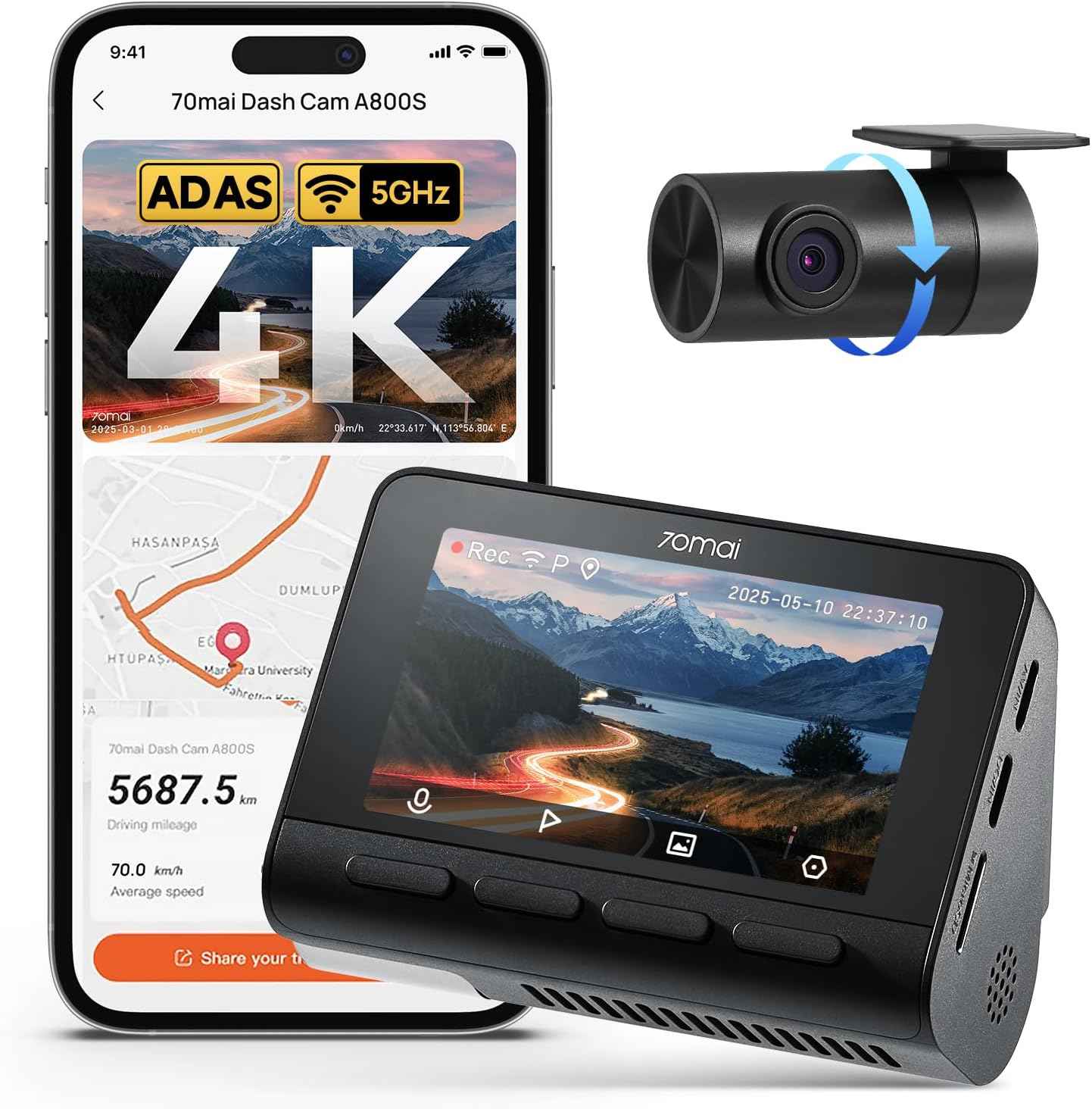 70mai 4K Dash Cam Front and Rear with STARVIS, Built in 5GHz WiFi & GPS Car Camera, Super Night Vision, ADAS, 3'' IPS Screen, 24H Parking Mode, Time-Lapse, Loop Recording, Support 256GB Max (A800S)