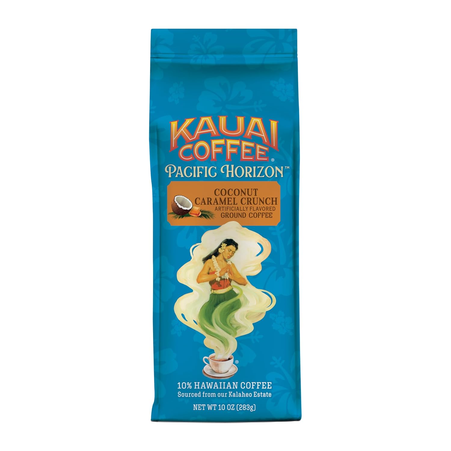 kauai coffee coconut caramel crunch 10% hawaiian arabica 10oz ground coffee, smooth and rich medium roast