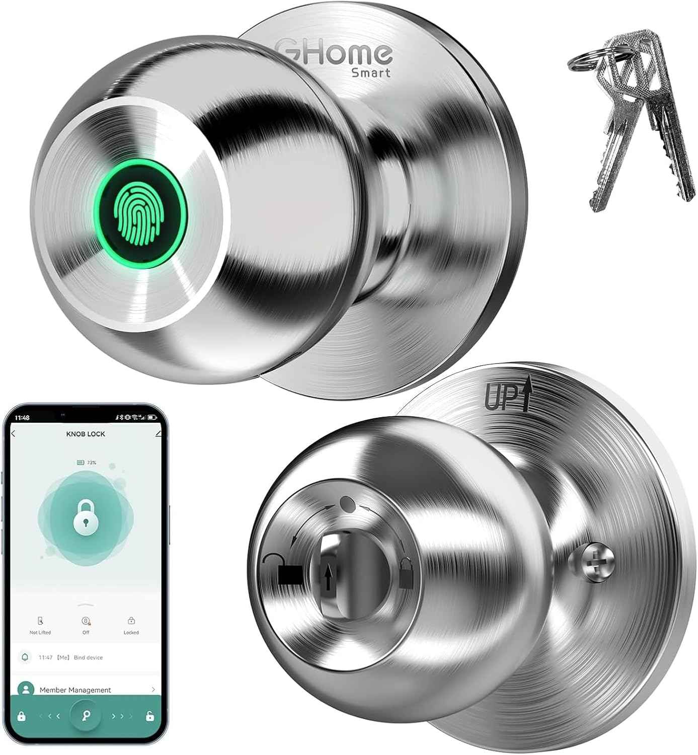 GHome Smart Fingerprint Door Lock, 3 in 1 Smart Fingerprint Door Knob with App Control & Key, Auto Lock, Biometric Thumbprint Door Locks for Bedroom, Garage, Home & Office