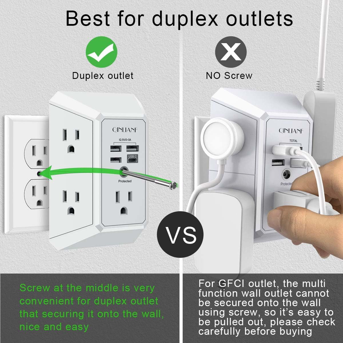Wall Charger, Surge Protector, QINLIANF 5 Outlet Extender with 4 USB Charging Ports, 3-Sided 1680J Power Strip Multi Plug Adapter Spaced for Home Travel Office