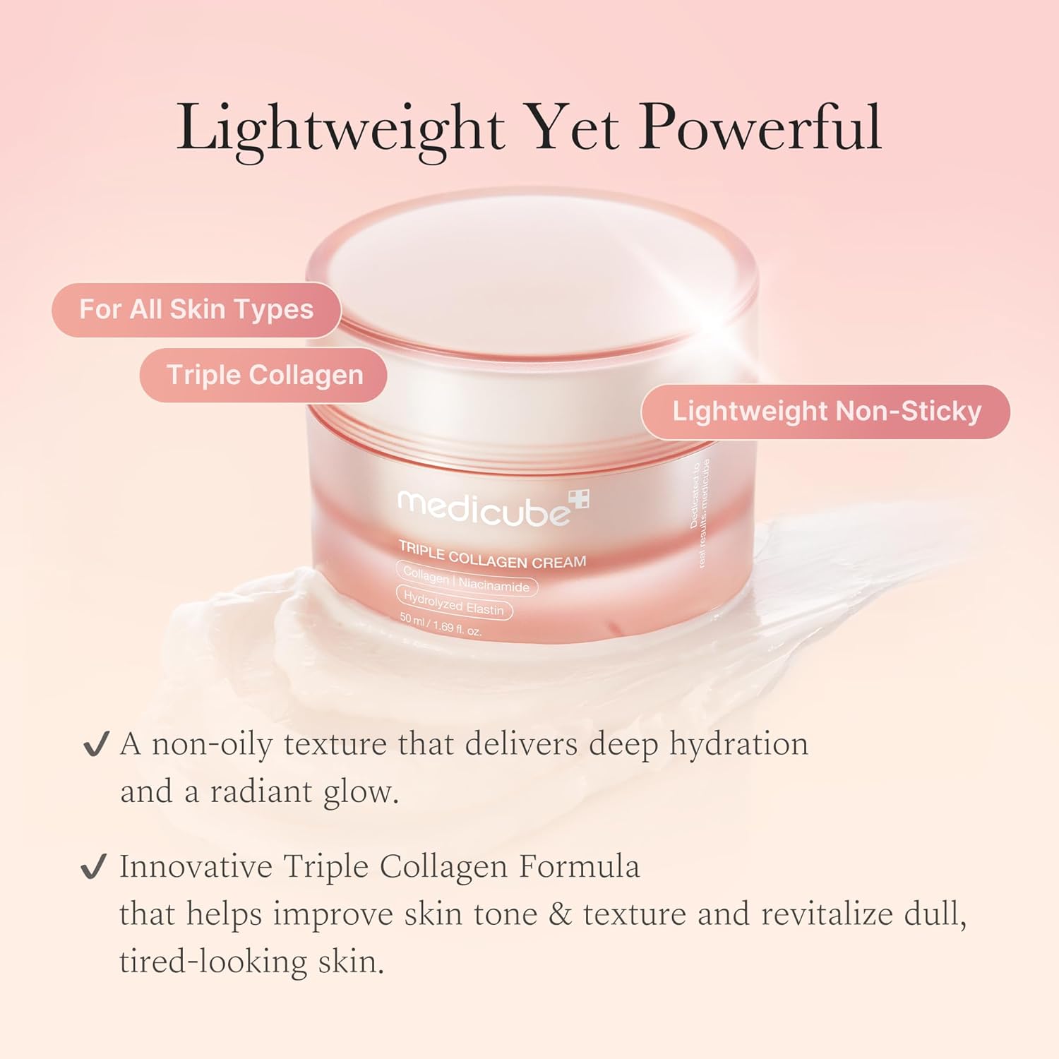 medicube triple collagen cream, 1.69 oz, hydrating & firming moisturizer with hyaluronic acid, premium elastin, shea butter, korean skincare