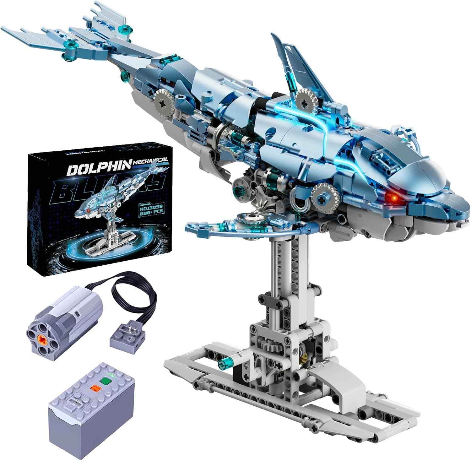 Myth Qholve Mechanical Blue Dolphin Building Blocks Set Hand-Operated Motion, Detailed Gear Design, Display & Play Model Futuristic Ocean Animal Model