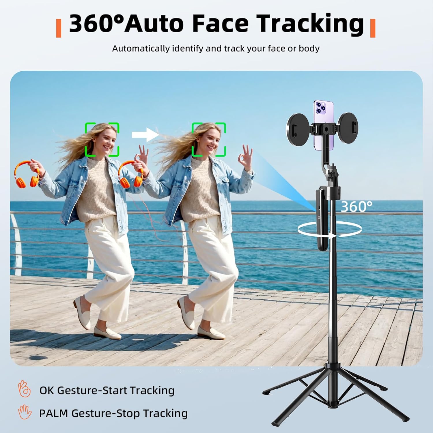 Auto Face Tracking Selfie Stick Tripod for iPhone with Light 360 Rotation That Follows Your Movement 70.9" Camera Tripod Stand with Remote for Content Creator Vlog Live Stream Video Recording