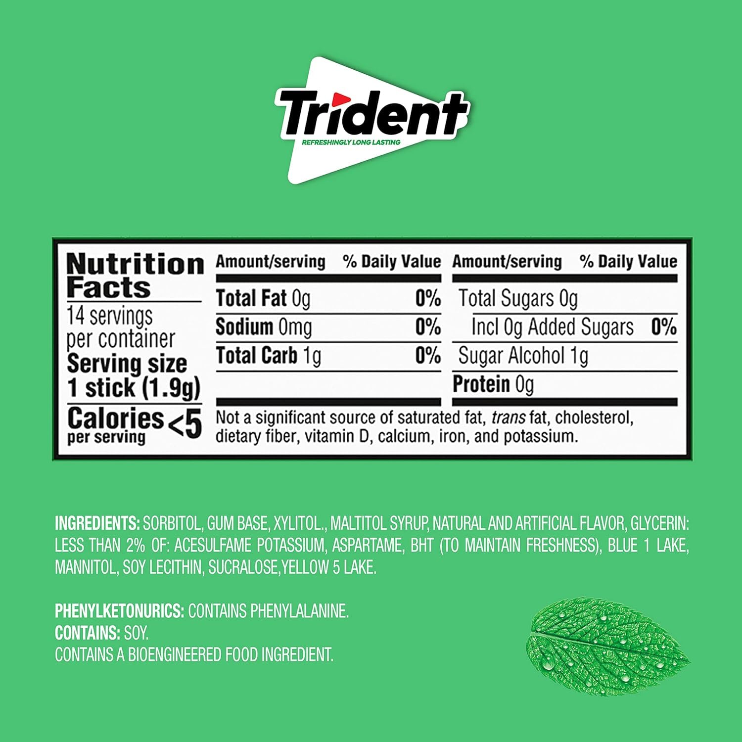 trident spearmint sugar-free chewing gum, 12 packs of 14 pieces, 168 total pieces, bulk sugarless gum