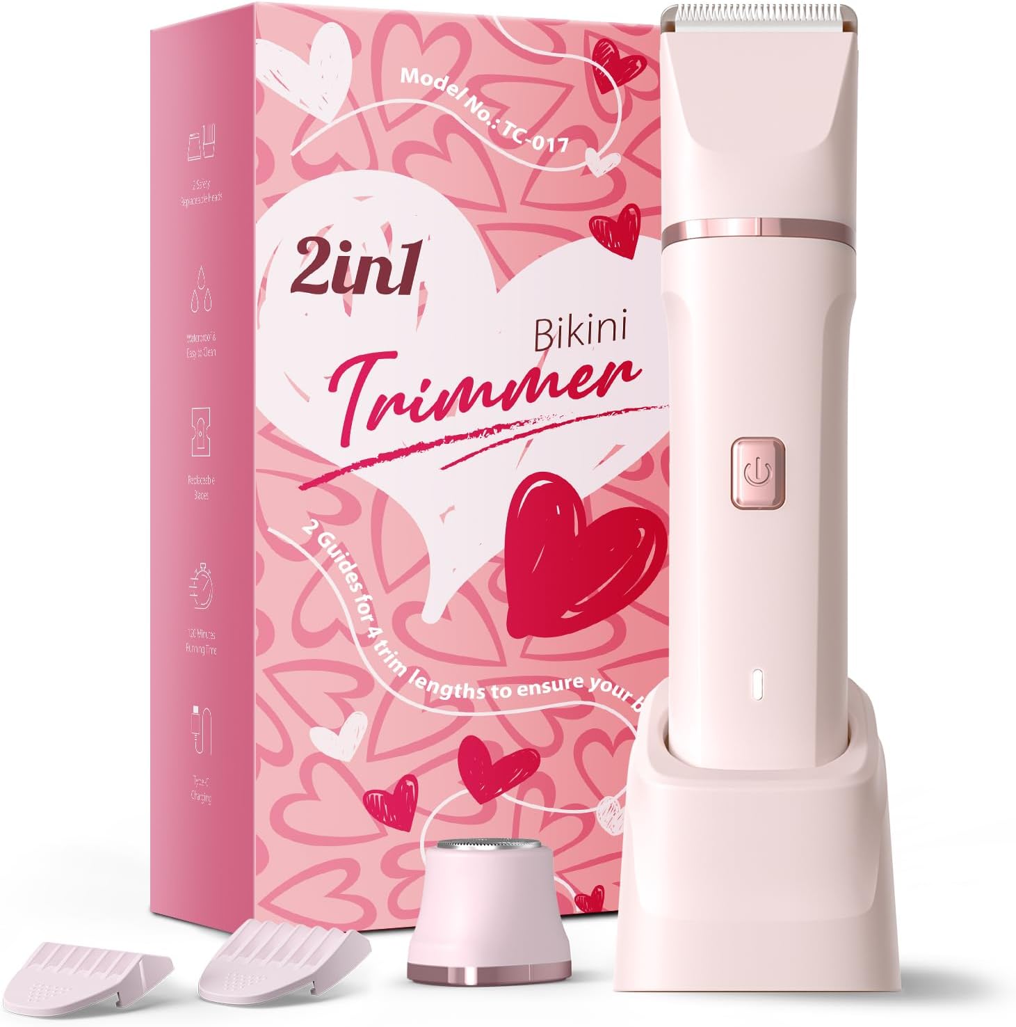 Risina Painless Electric Bikini Trimmer for Women - Cordless Body Shaver with Ceramic Blade, IPX7 Waterproof, USB Charge Dock, Pink