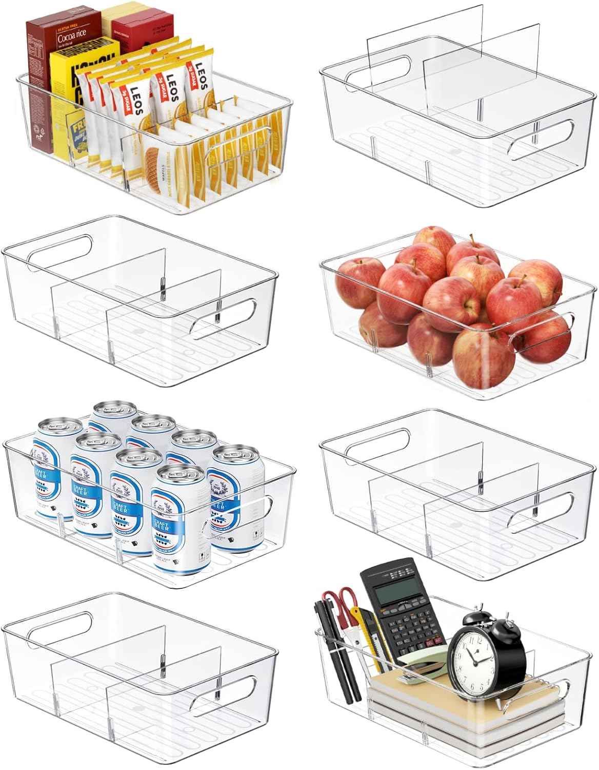 6 Pack Pantry Organizers and Storage,Clear Plastic Containers with 2 Dividers for Kitchen,Fridge Organization and Storage,Acrylic Bins for Pounches,Spice Packet,Snack organzier