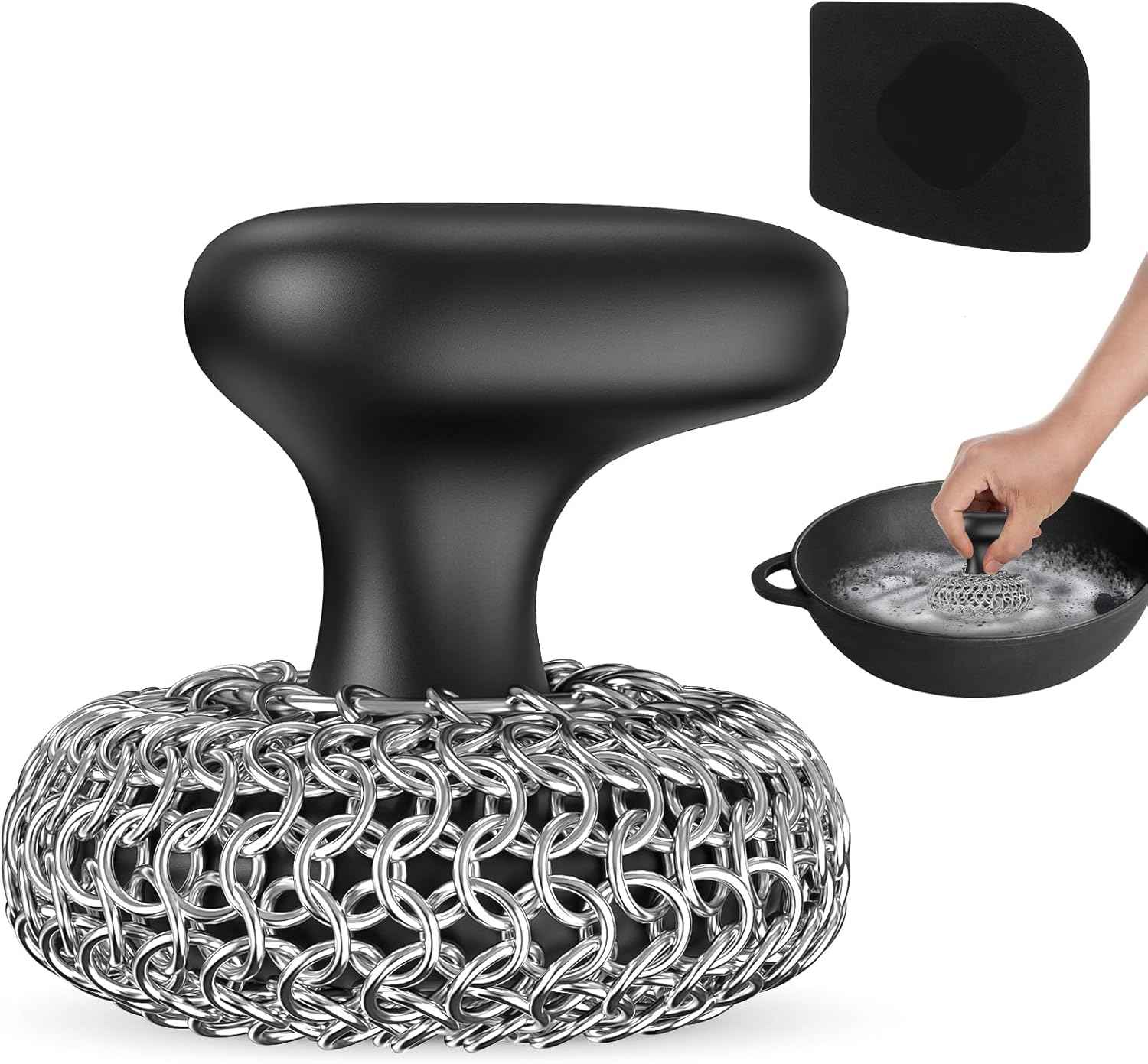 Purgreat Cast Iron Scrubber | Dish Scrub Brush | 316 Cleaner Chainmail Scrubber for Cast Iron Pan Skillet Cleaner - Dish Scouring Pad Dishwasher Safe Cleaning Kit, Black 02