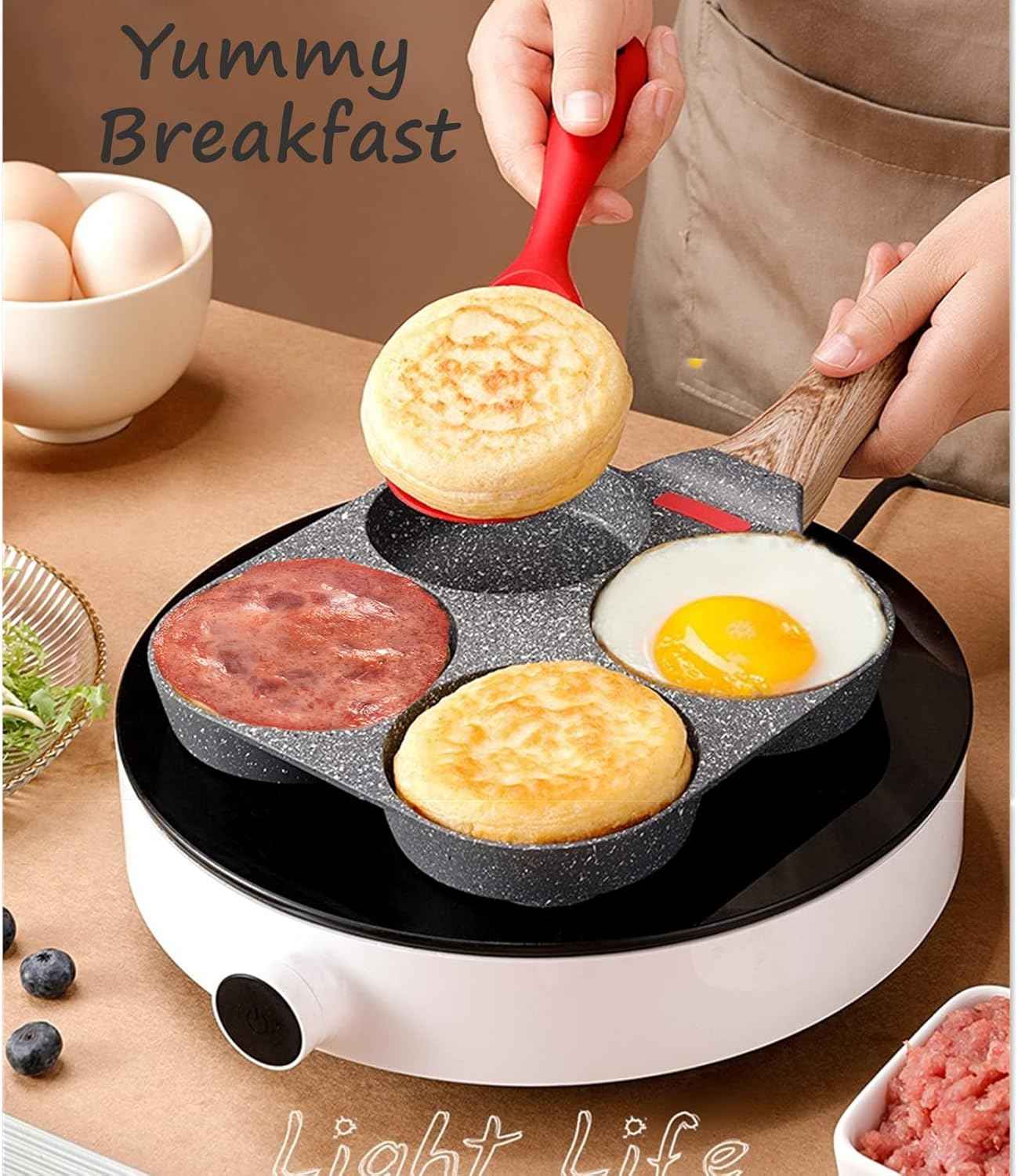 HUPECHAM 4-Cup Egg Pan Nonstick, and Granite Egg Frying Pan, Versatile Breakfast Skillet for Eggs, Pancakes, Plett, Crepes, Compatible with Gas Stove and Induction Cooktop