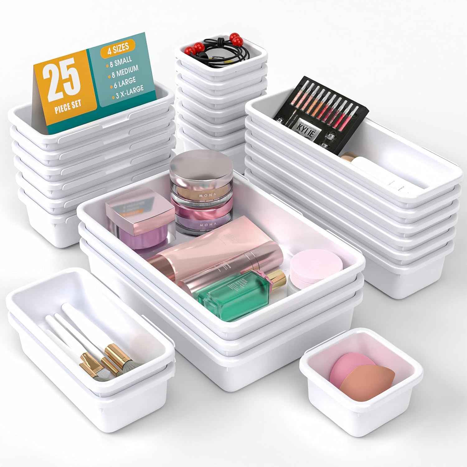 10 PCS Drawer Organizer Set, 4 Size Makeup Drawer Divider Organizer With Non-Slip Pads, Interlocking Plastic Storage Bins for Office,Jewelry Vanity,Gadgets, Bathroom,Kitchen, Black