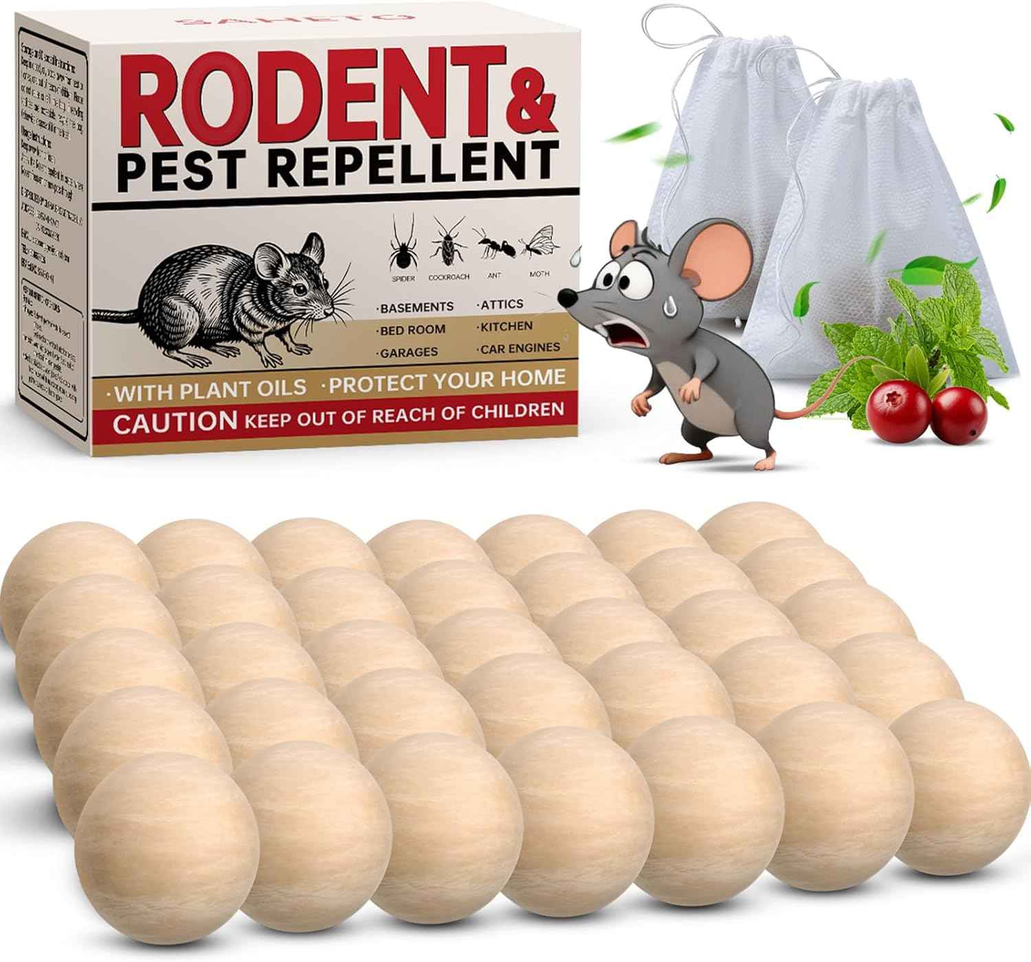 Mouse Repellent 36 Balls, Peppermint Rodent Repellent for Indoor & Outdoor Use, Long-Lasting Safe Mice Deterrent, Natural Effective Moth Balls for Rodent Control for Home, Car & Garden