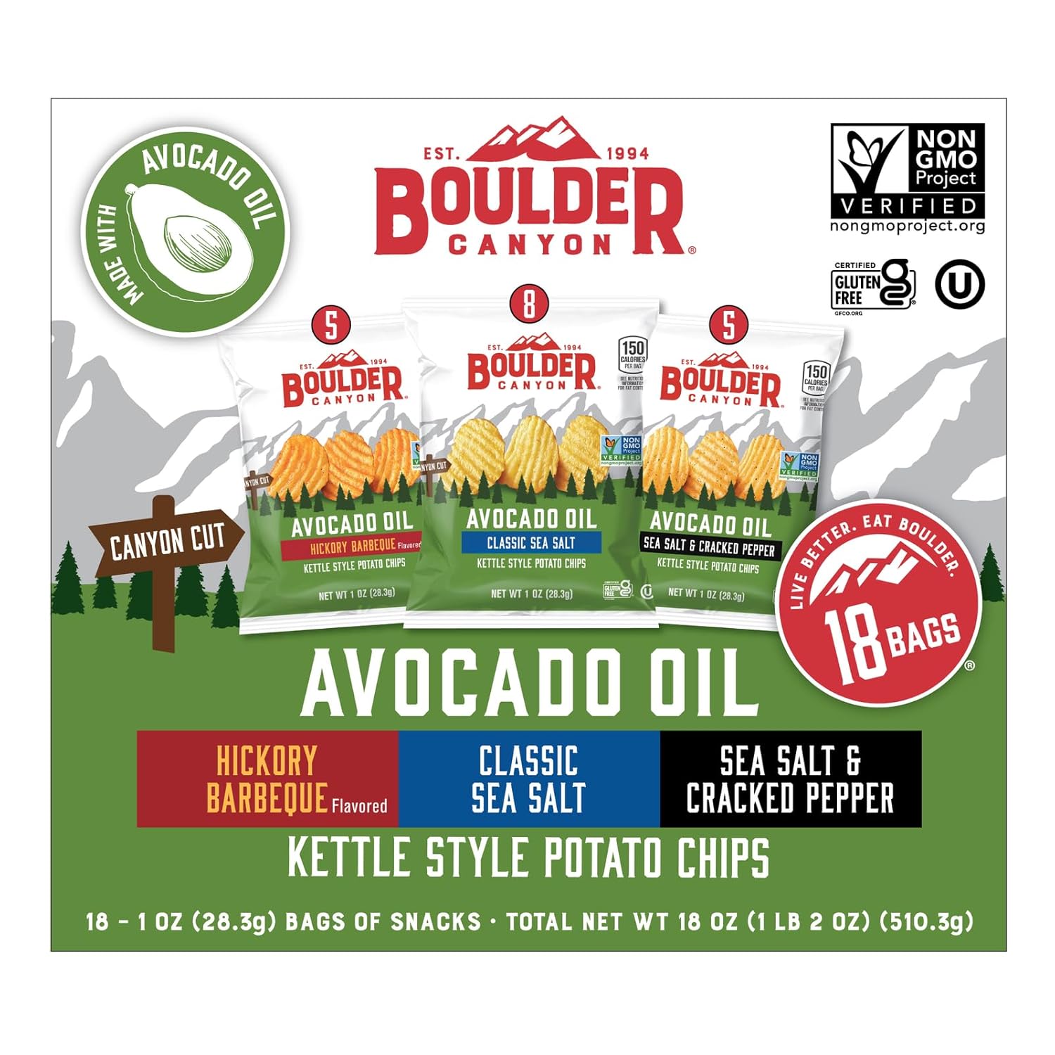 boulder canyon avocado oil kettle style potato chips 18 count variety pack gluten-free non-gmo