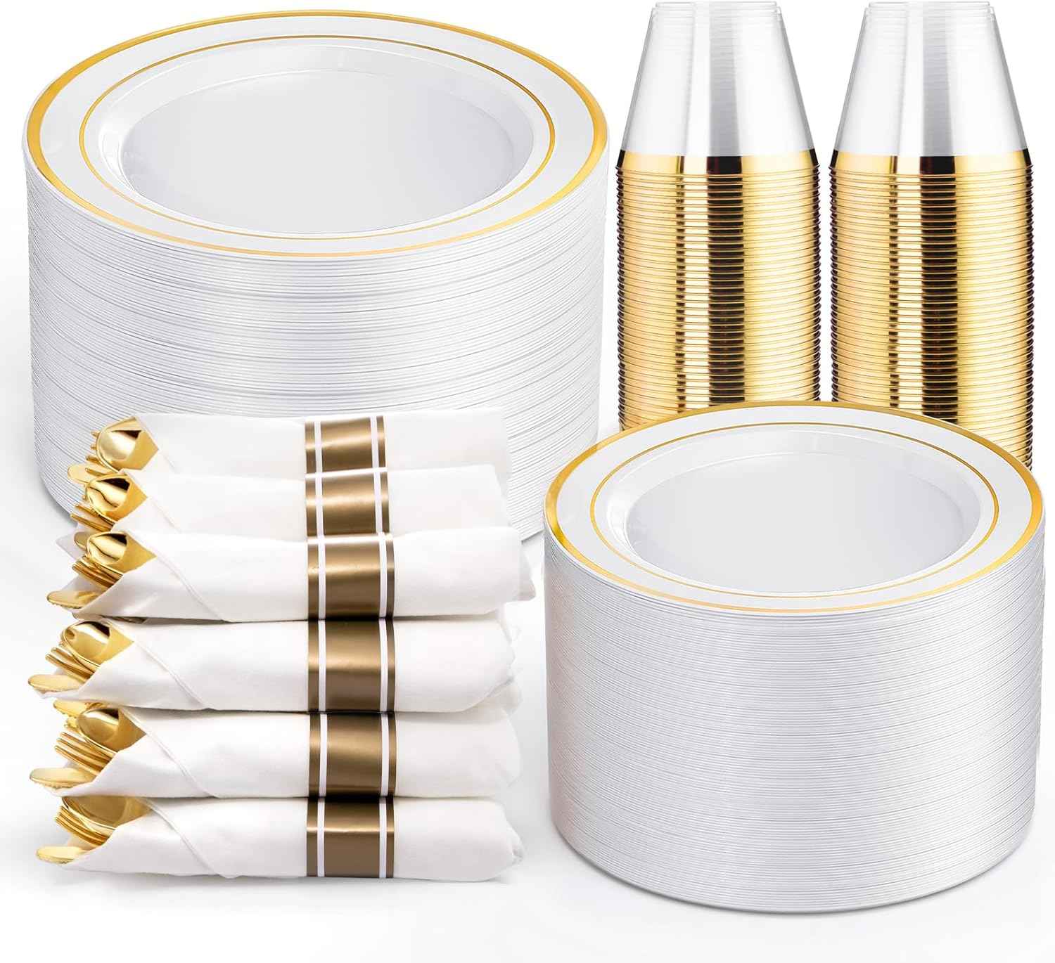 WELLIFE 700 Pieces Gold Plastic Dinnerware Set for 100 Guests - Includes Plates, Cups, Napkins, and Disposable Cutlery - Elegant White & Gold Design, Perfect for Parties and Events