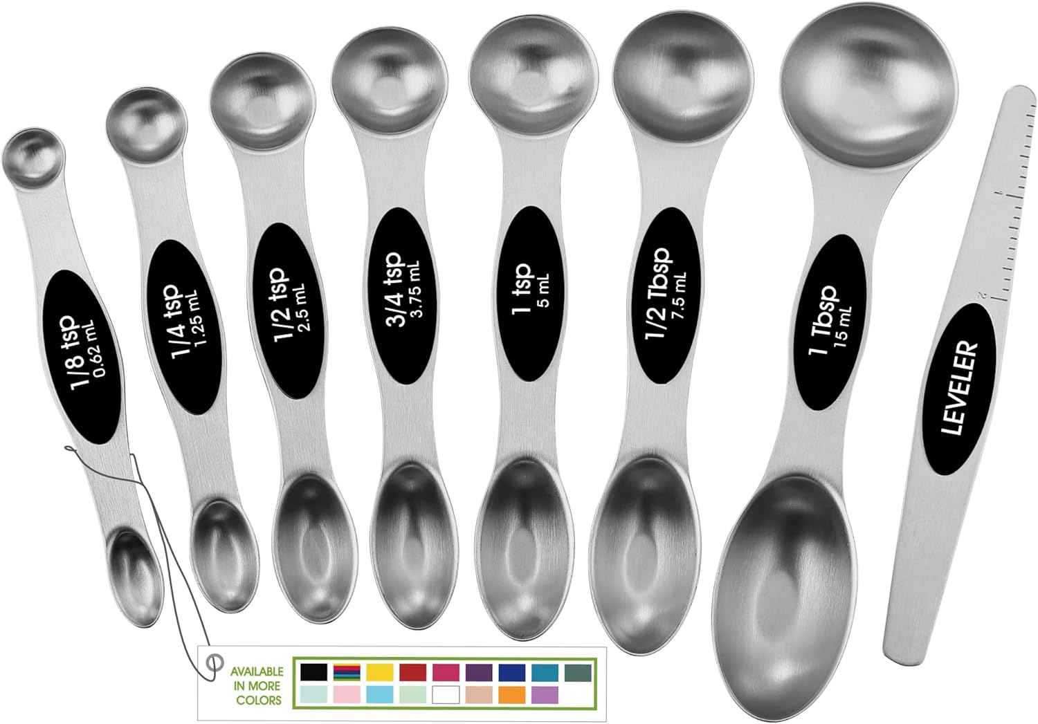 Spring Chef Stainless Steel Magnetic Measuring Spoons Set with Strong N45 Magnets, Heavy Duty Metal Kitchen Gadgets for Baking & Cooking, Fits in Most Kitchen Spice Jars, Set of 8 with Leveler, Black