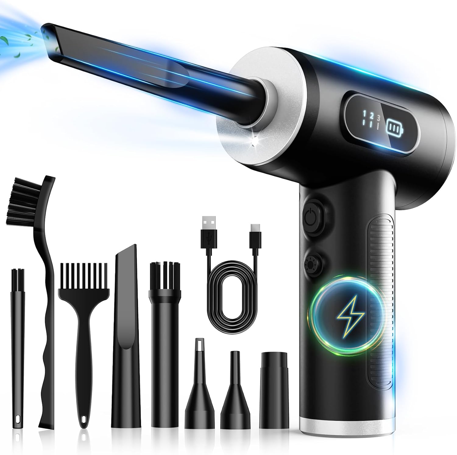 3-gear adjustable electric air duster with led light, rechargeable cordless air blower for keyboard cleaning (black)
