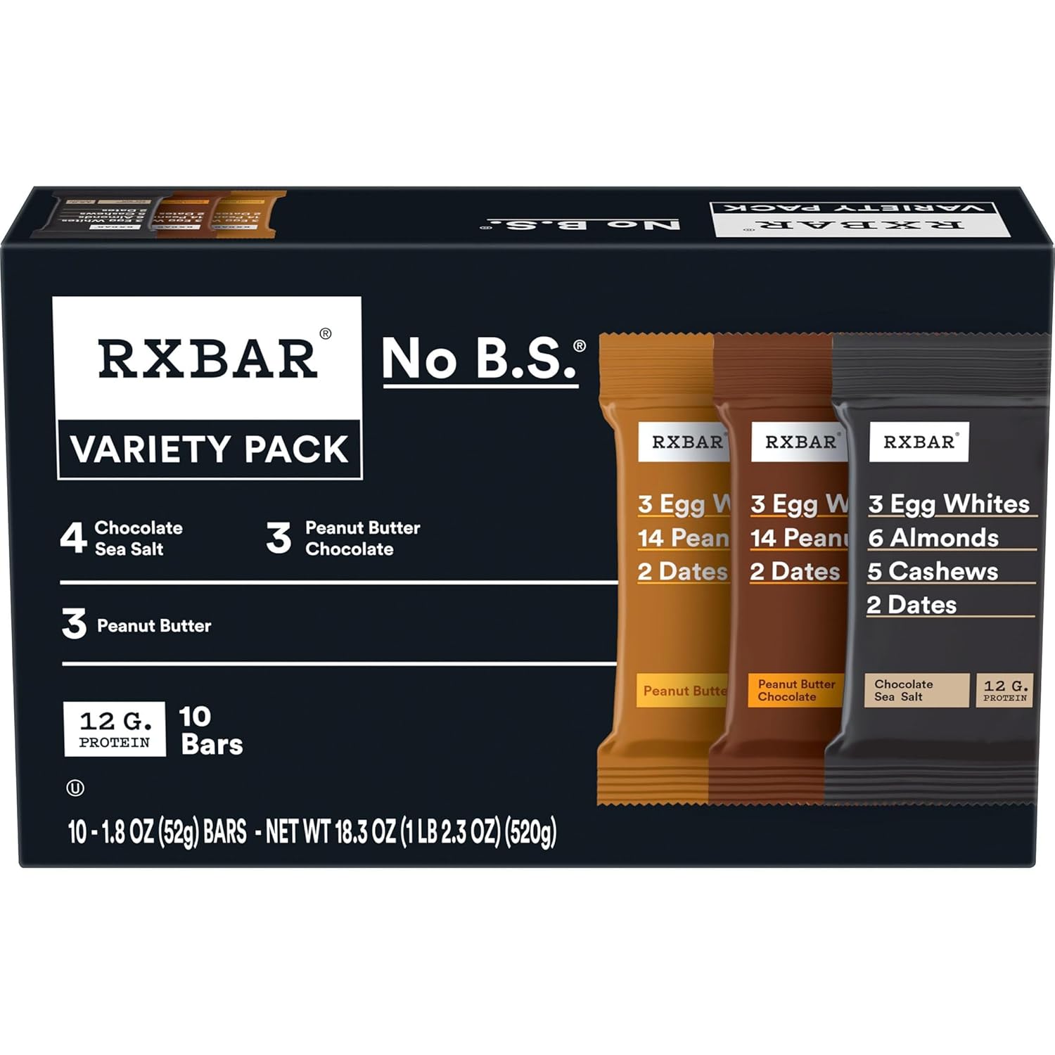 rxbar variety pack, 18.3oz box, 10 count, 12g protein snack bars