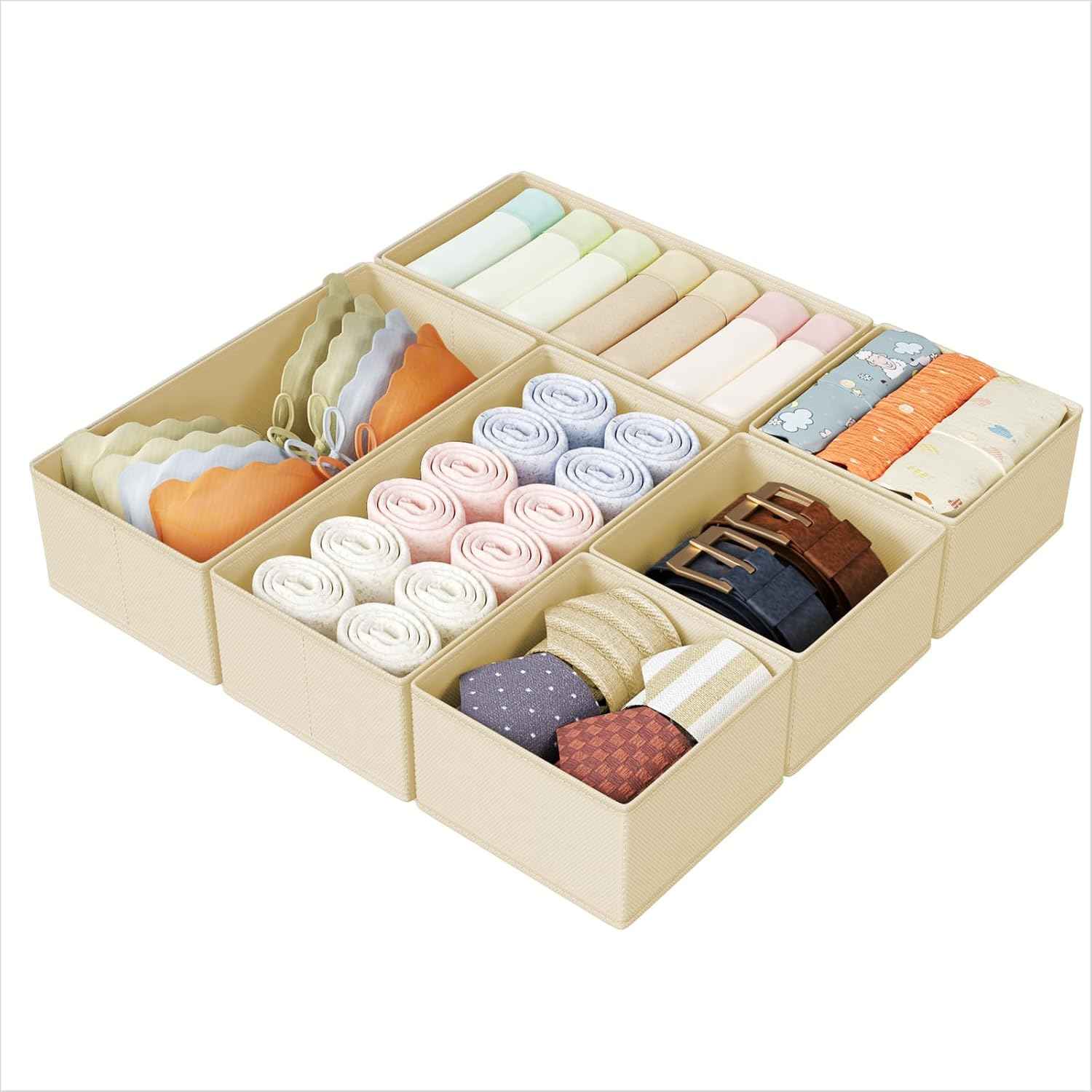 DIMJ Drawer Organizers Clothes, Set of 4 Dresser Organizer Bins, Fabric Closet Organizers and Storage, Shallow Drawer Dividers for Nursery, Clothing, Baby Clothes, Socks, Underwears, Tie (Beige)