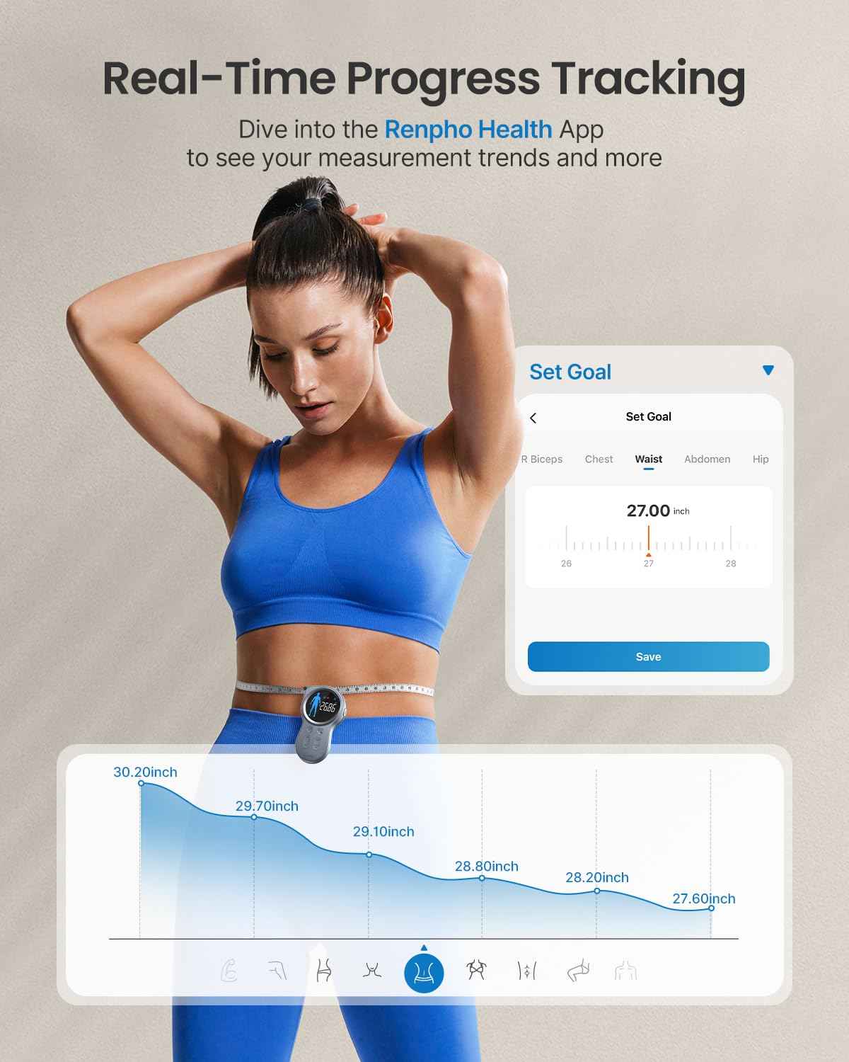 RENPHO Smart Tape Measure with Large Display, Bluetooth Body Measuring Tape with App for Weight Loss, Fitness Shape, Measure Circumference Length