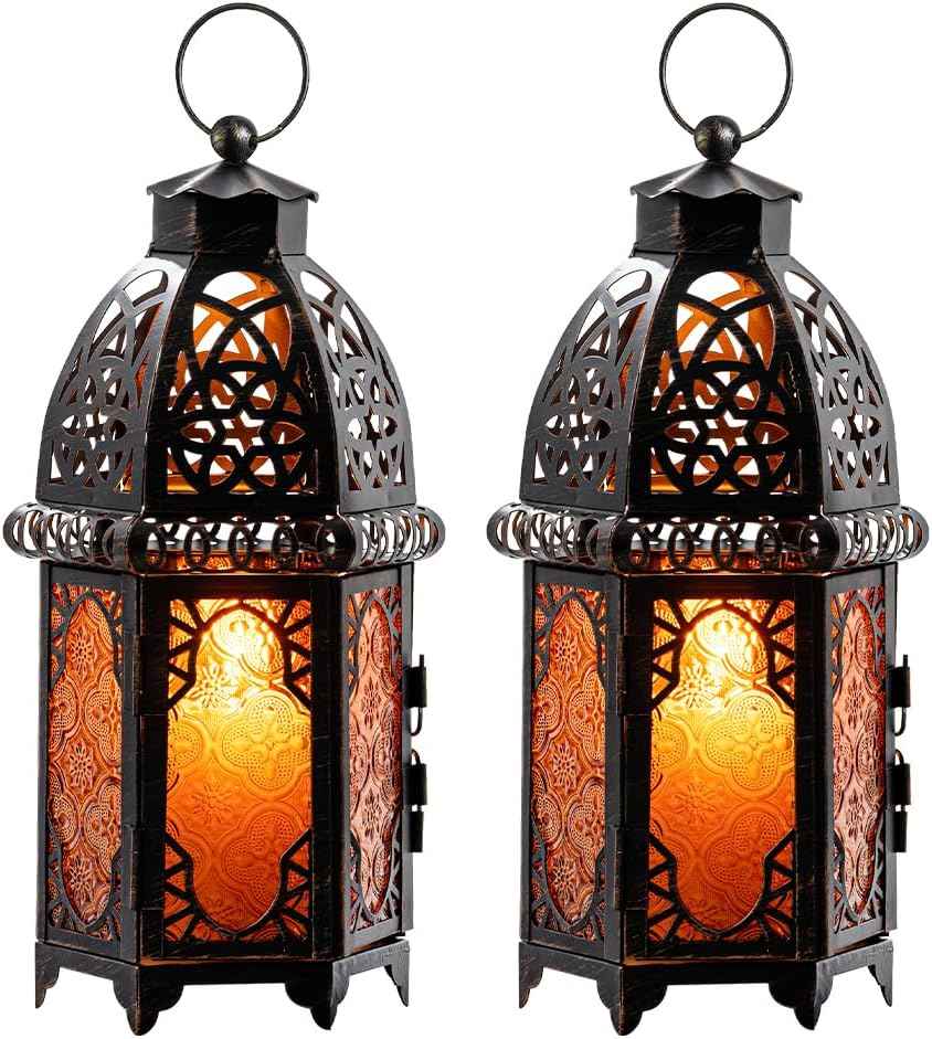 NEEDOMO 12.8'' Moroccan Lanterns Decorative Indoor & Outdoor, Vintage Christmas Candle Holder, Metal Lanterns Decorative, Table, Patio, Porch, Shelf, Christmas Spring Halloween Home Decor (Amber)