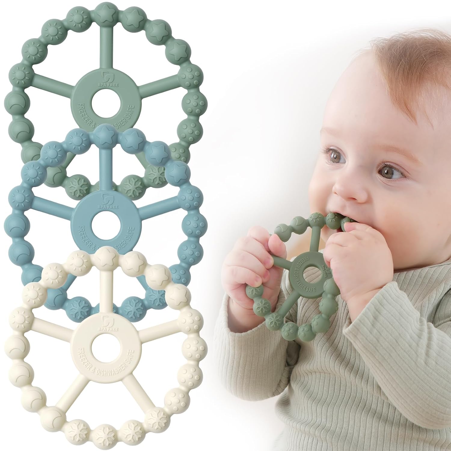 silicone teether ring toys for babies 0-6 months, 3-pack purple pink white