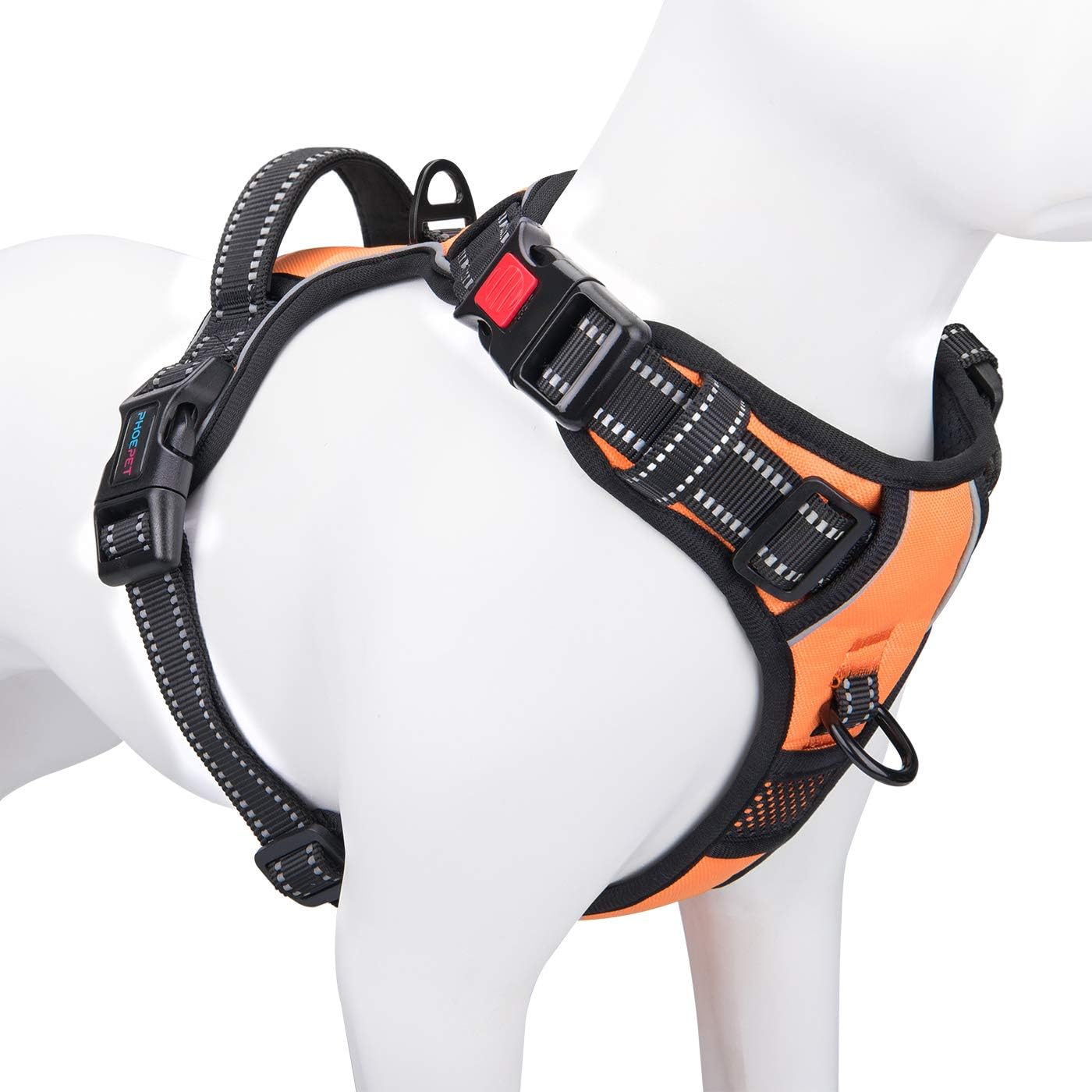phoepet medium reflective dog harness with handle adjustable 2 metal rings orange