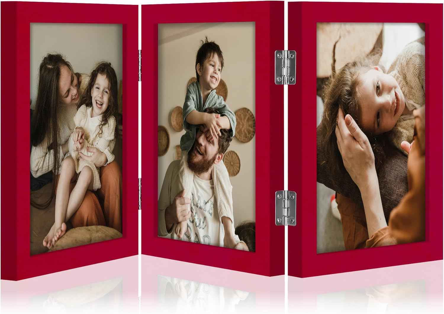 decorUhome Triple 4x6 Picture Frame Vertical, Engineered Wood Trifold Photo Frame with Plexiglass for Tabletop Display, 4x6, Black