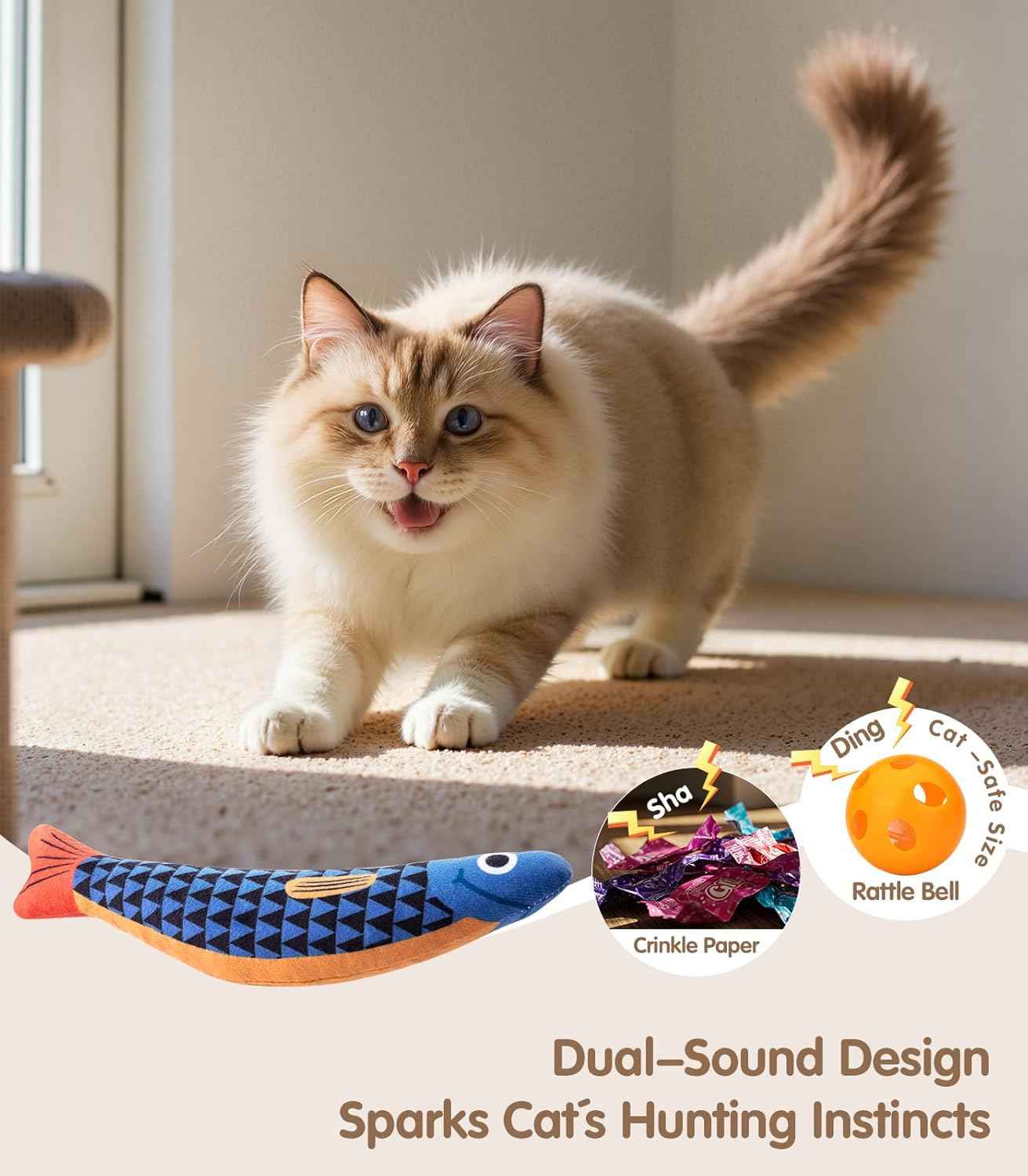 Cat Toys with[5000mg A+Natural Catnip &Silvervine] [Baby Grade] Interactive Soft Chew Kicker Cat Toys for Indoor Cats & Kittens, [Crinkle &Bell] Fish Sound Toy, Drives Bored Cat Crazy with Fun