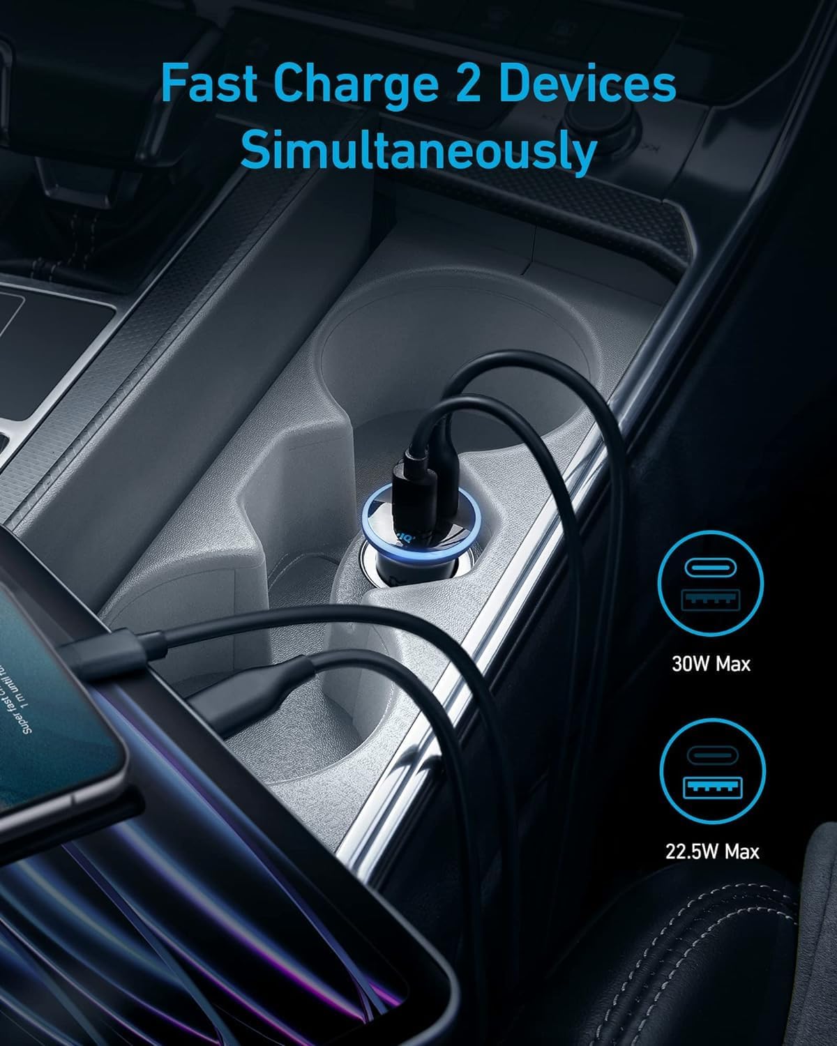 Anker 323 USB C Car Charger Adapter, 52.5W Cigarette Lighter Charger with 30W PowerIQ 3.0 Fast Charging Cable for iPhone 17/17 Pro Max/16/15/14 Series, Galaxy S25/24/23, Pixel, iPad, AirPods and More - Rayz Mart