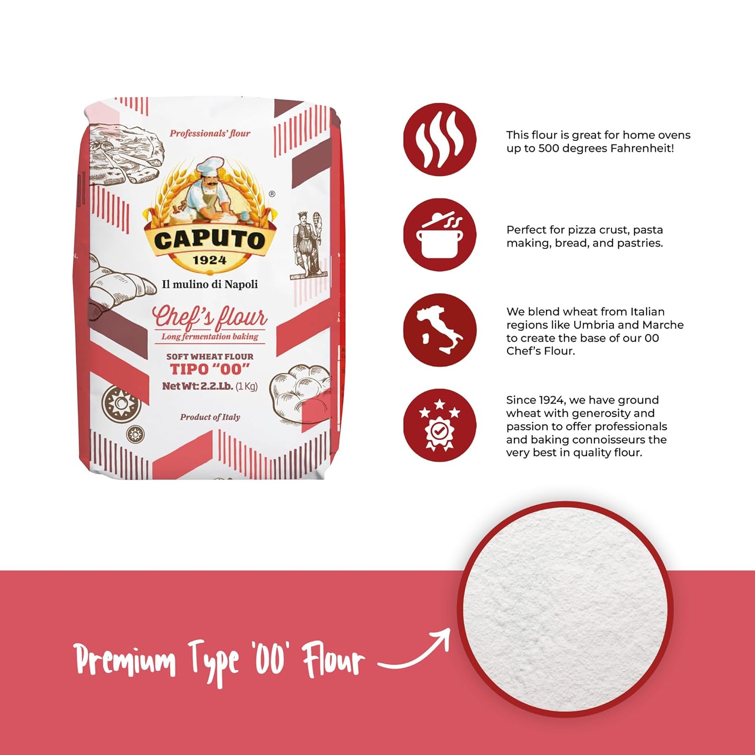Caputo Italian Chef's Double Zero 00 Soft Wheat Flour for Pizza, Bread, and Pasta, 2.2 LB