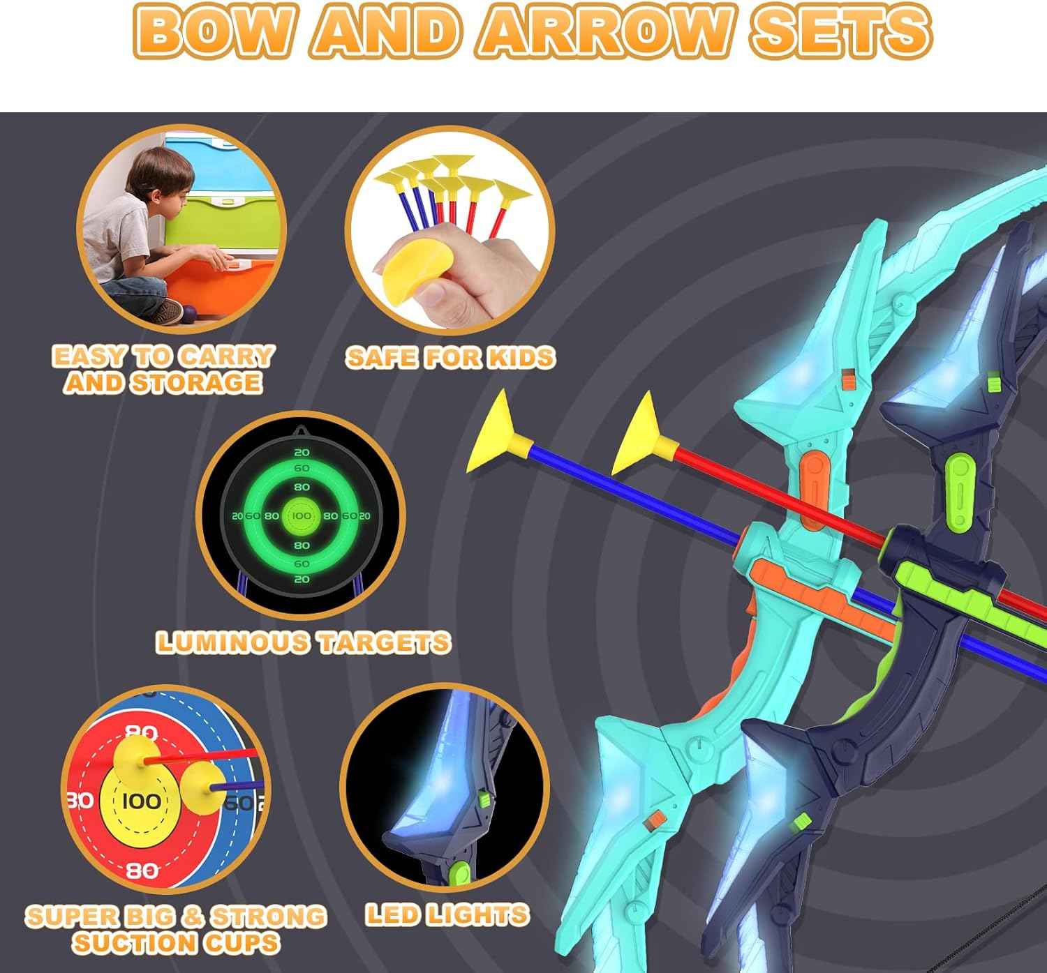 Kmuxilal 2 Pack Kids Bow and Arrow Set with LED Flash Lights, 14 Suction Cup Arrows and Fluorescence Standing Target-Perfect Indoor and Outdoor Game Archery Set Toy Gift for 4 5 6 7 8-12 Year Old Boys