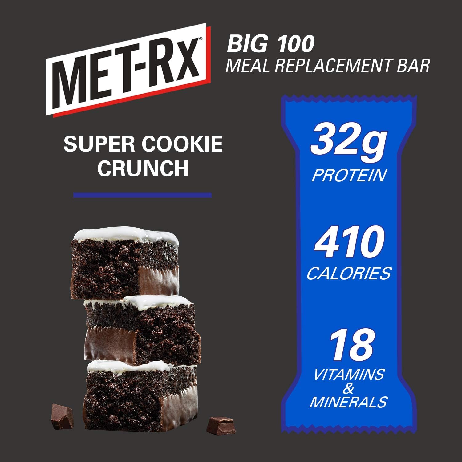 MET-Rx Big 100 Protein Bar, Meal Replacement Bar, 32G Protein, Super Cookie Crunch, 3.52 Oz