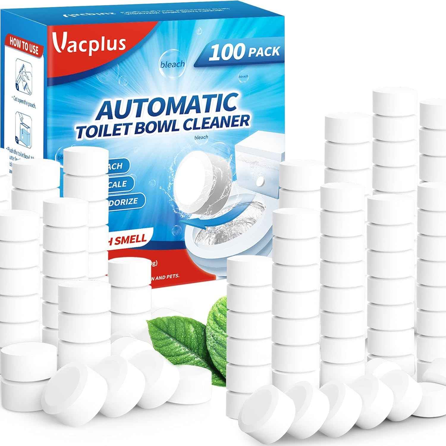 Vacplus Toilet Bowl Cleaner Tablets 30 PACK, Automatic Toilet Bowl Cleaners with Bleach for Deodorizing and Descaling, Bathroom Cleaner Against Tough Stains