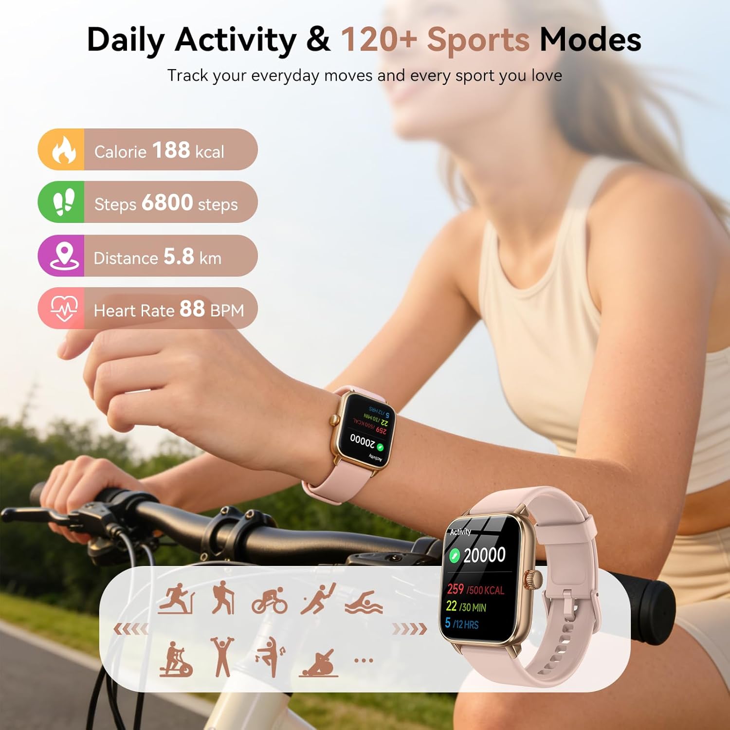 Smart Watches for Men Women, 1.85" HD Touch Screen Fitness Tracker with Bluetooth Calling & Alexa, IP68 Waterproof, 120 Sports Modes, Heart Rate Sleep Monitor, 7 Days Battery for iOS Android (Pink)