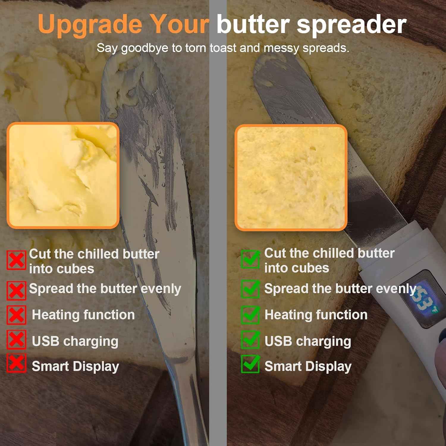 Heated Butter Knife, Smart Stainless Steel Electric Butter Spreader for Hard Butter, Cheese, Peanut Butter, Jam & Honey, Adjustable Heat (131℉/158℉), Rechargeable USB Kitchen Gadget Butter Knives