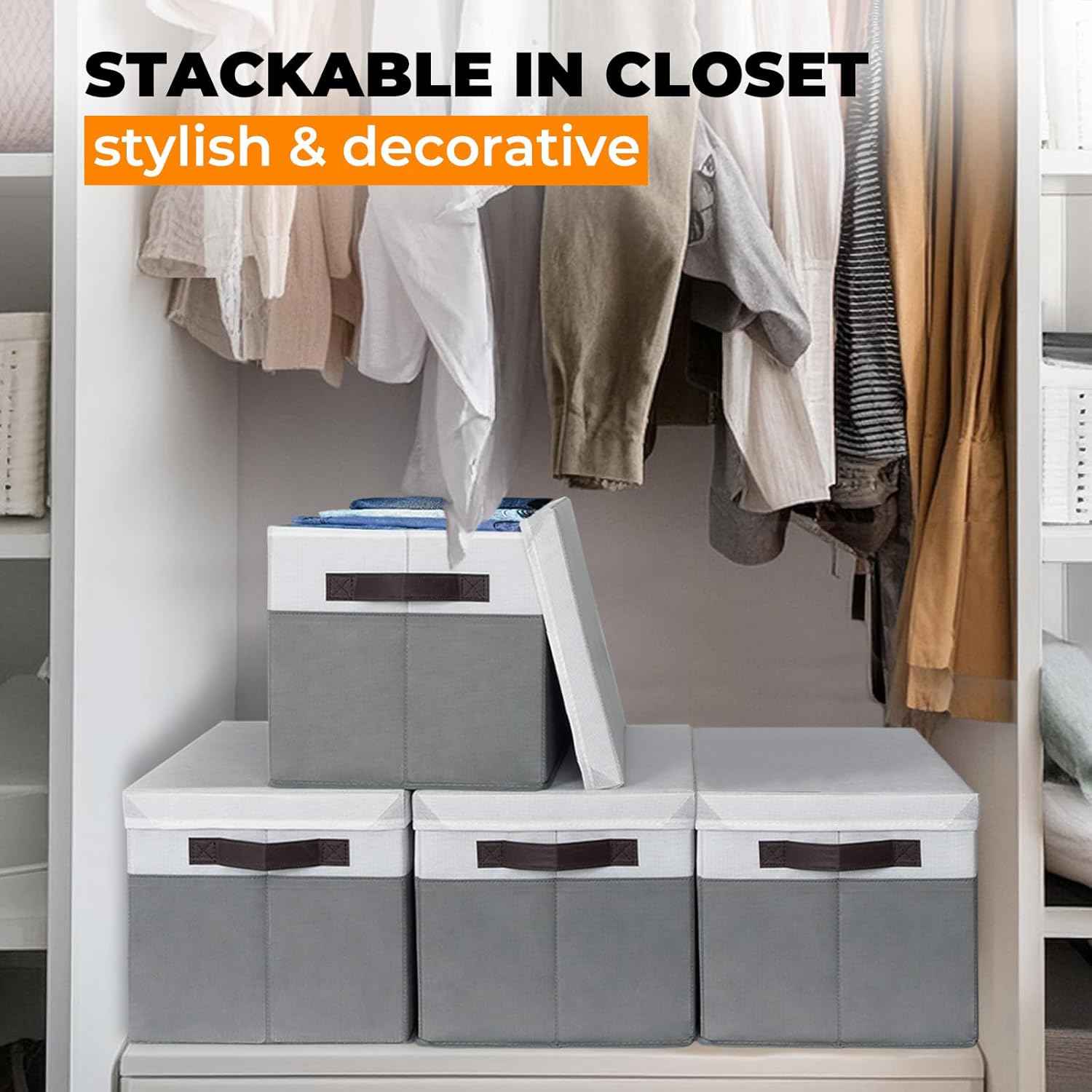 Large Closet Storage Baskets Bins with Lids 4 Pack, Storage Baskets for Organizing Shelves Nursery Bedroom, Home Dorm Closet Organizers Cubes for Clothes Toys Blanket Book - Stackable -14x10x9.5