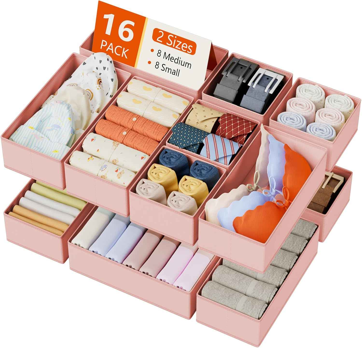 DIMJ Drawer Organizers Clothes, Set of 4 Dresser Organizer Bins, Fabric Closet Organizers and Storage, Shallow Drawer Dividers for Nursery, Clothing, Baby Clothes, Socks, Underwears, Tie (Beige)
