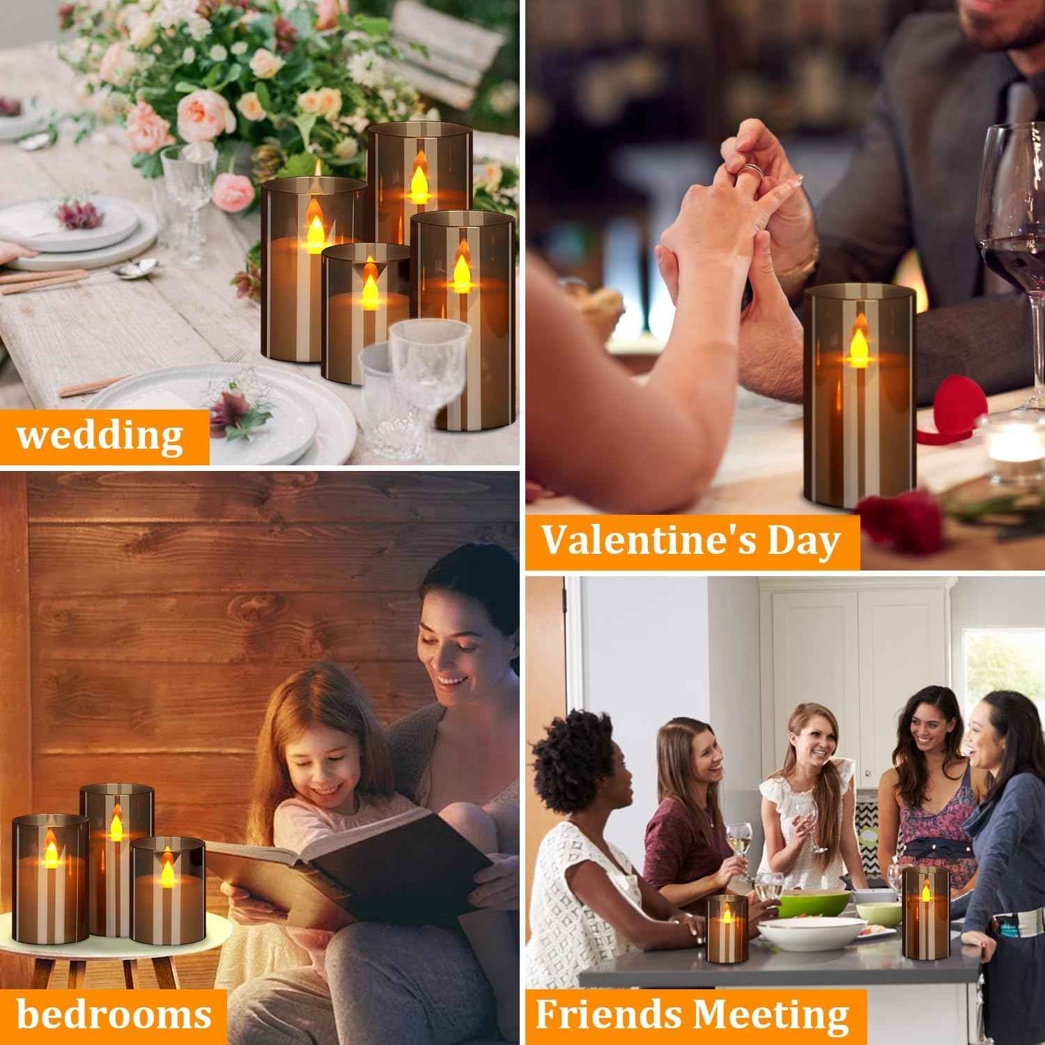Flameless Candles 4" 5" 6" Set of 3 Acrylic Glass Pillars 3" Diameter Battery Operated Flickering Candles Include 10-Key Remote with Timer Function 400+ Hours (Gray, Warm Light 3 Pack)