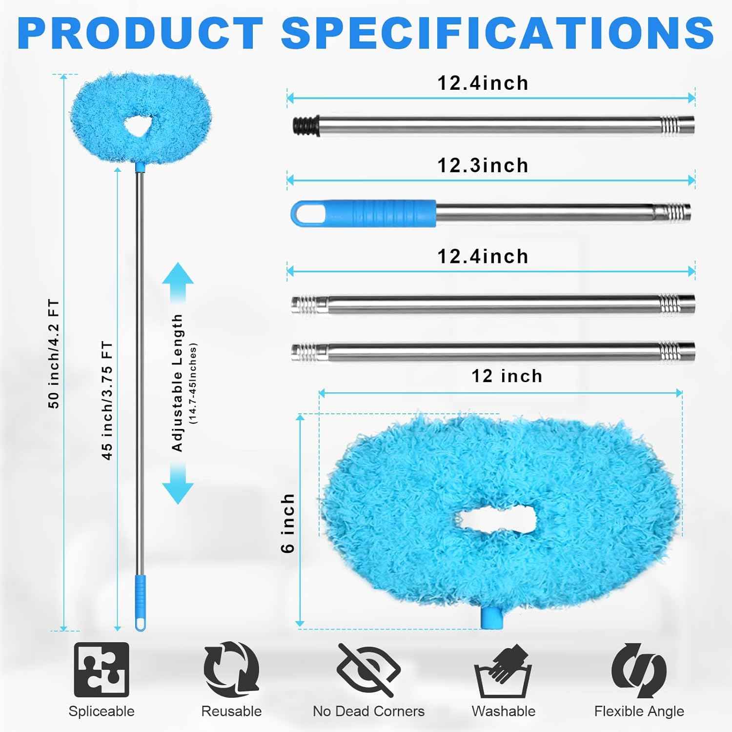Storystore Ceiling Fan Cleaner Duster with Extension Pole, Adjustable from 13 to 49.7 Inches, Removable Fan Blade Cleaner (Blue)