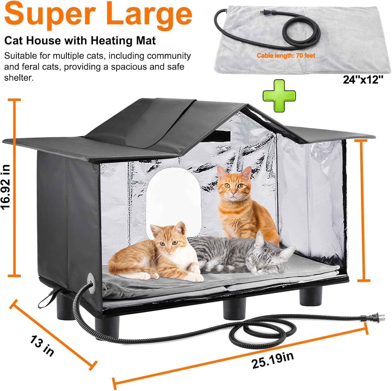 Texsens Heated Cat House for Outside - Weatherproof Large Outdoor Cat Shelter with Roof Window & Cozy Cushion - Ideal for Stray/Feral Cats