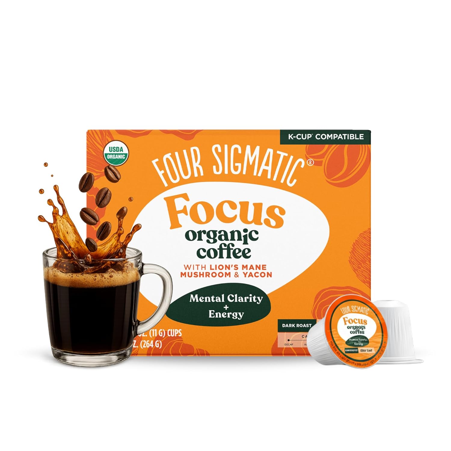Four Sigmatic Organic Dark Roast K-Cups with Lion's Mane and Yacon, 24 Count, Sustainable Pods, Vegan and Keto Friendly