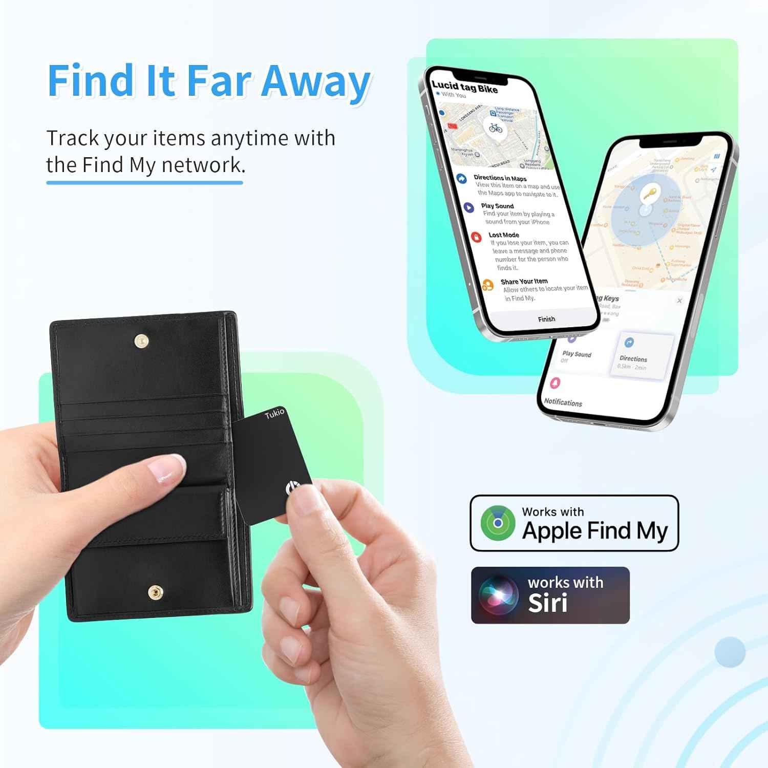 Air Smart Tag (Black) 2 Pack, Smart Tracker Card Compatible with Apple Find My (iOS only), Bluetooth Tracker with Wireless Charging, IP68 Waterproof Finder, Item Finder with Key Ring/Nylon Lanyard.