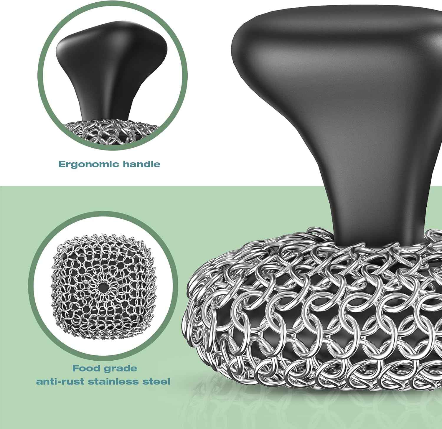 Purgreat Cast Iron Scrubber | Dish Scrub Brush | 316 Cast Iron Cleaner Chainmail Scrubber for Pan Skillet Cleaner - Dish Scouring Pad Dishwasher Safe Cleaning Kit, Black 03