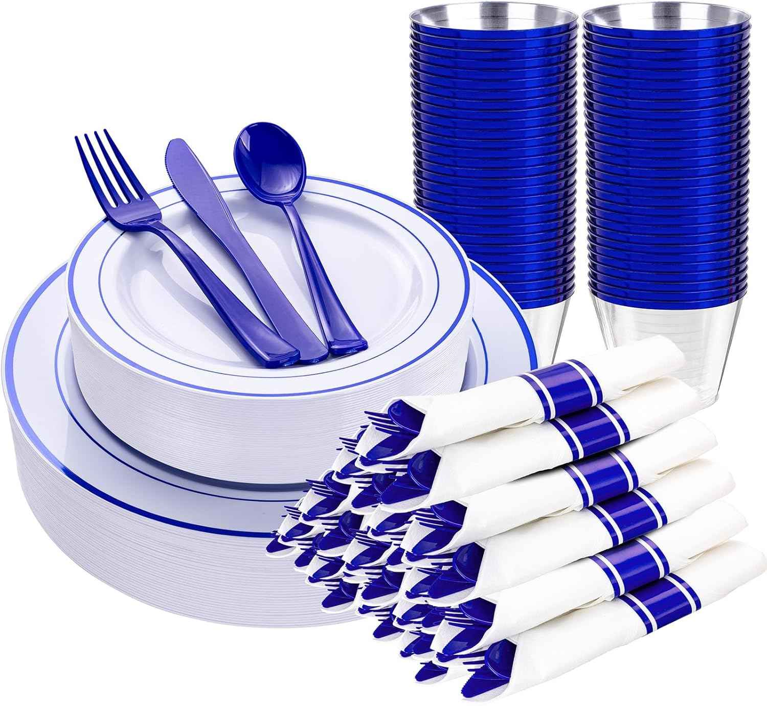 WELLIFE 700 Pieces Gold Plastic Dinnerware Set for 100 Guests - Includes Plates, Cups, Napkins, and Disposable Cutlery - Elegant White & Gold Design, Perfect for Parties and Events