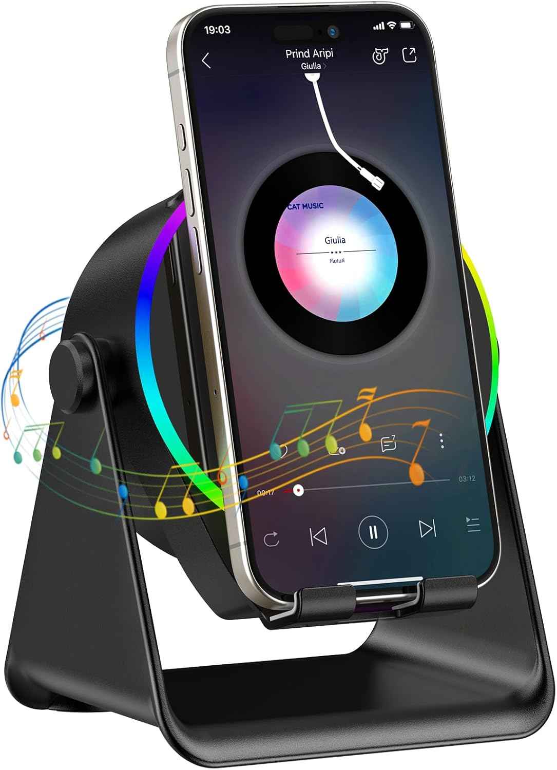TARKARI Wireless Induction Speaker, 5 in 1 Bluetooth Speaker, 360° Rotation Cell Phone Stand with Colorful Ambient Light Compatible with iPhone iPad Android Tablet, Birthday Gifts for Women Men Him